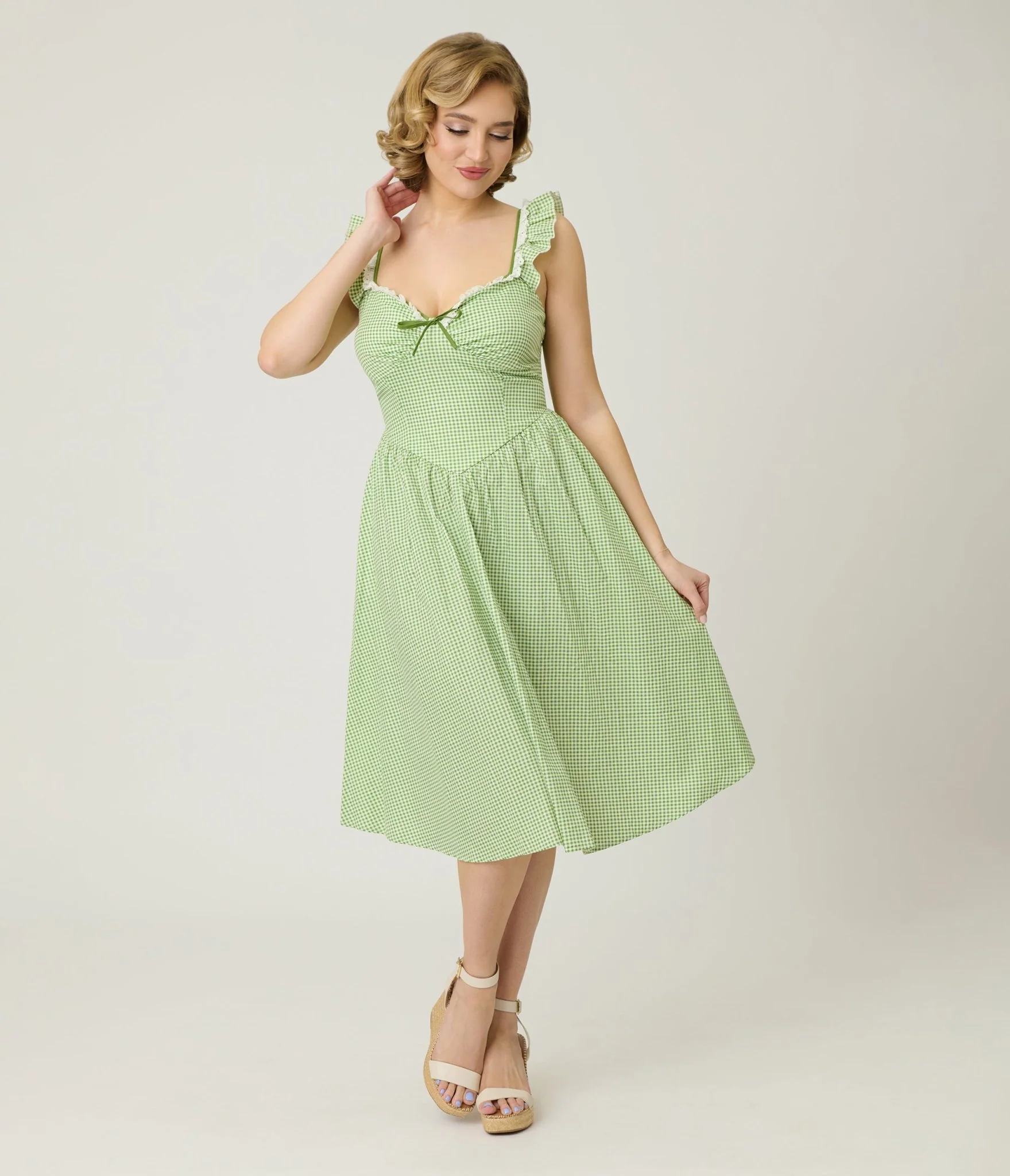 Unique Vintage Green Gingham Sweetheart Flutter Sleeve Swing Dress - Image 3