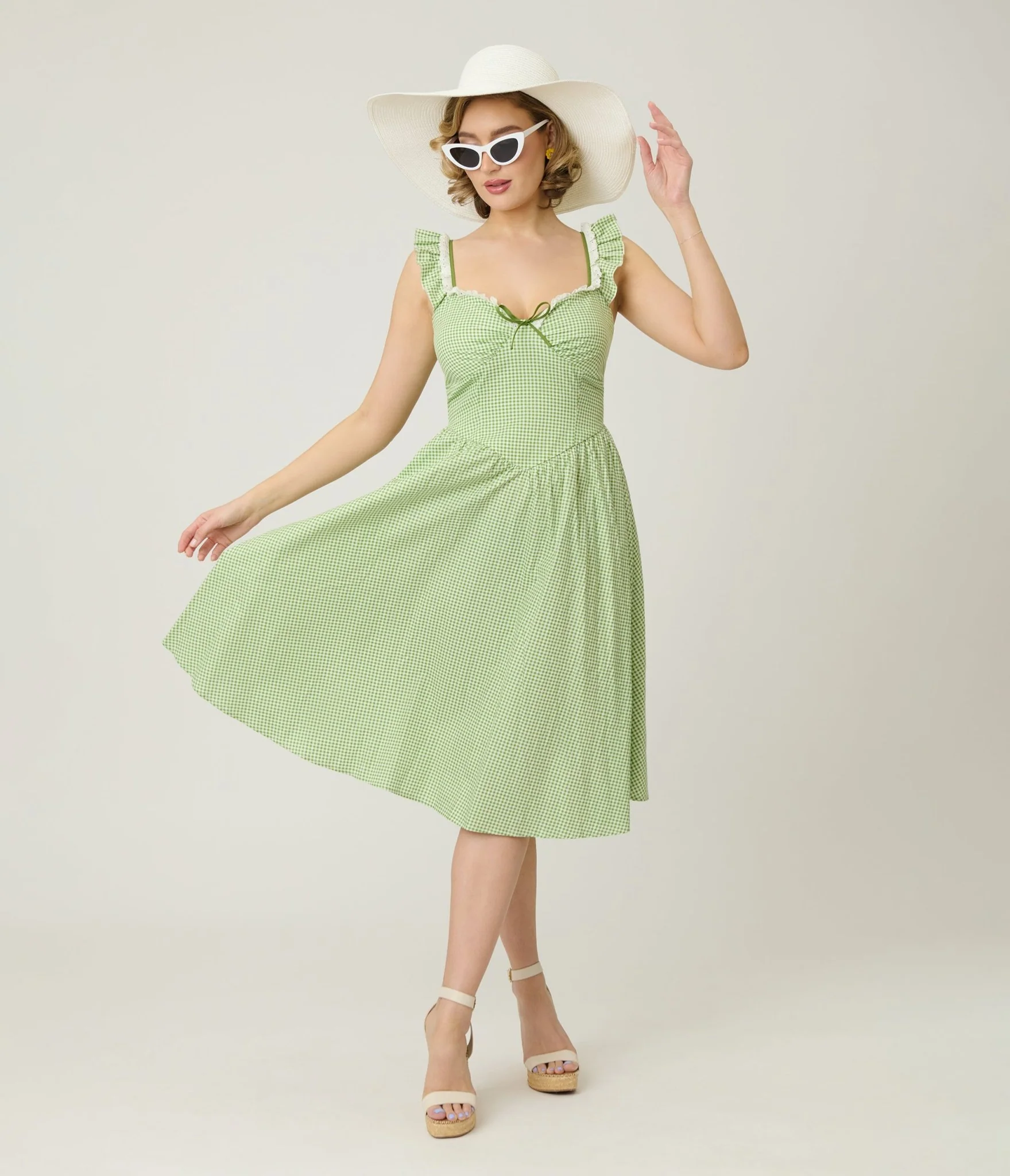 Unique Vintage Green Gingham Sweetheart Flutter Sleeve Swing Dress - Image 4