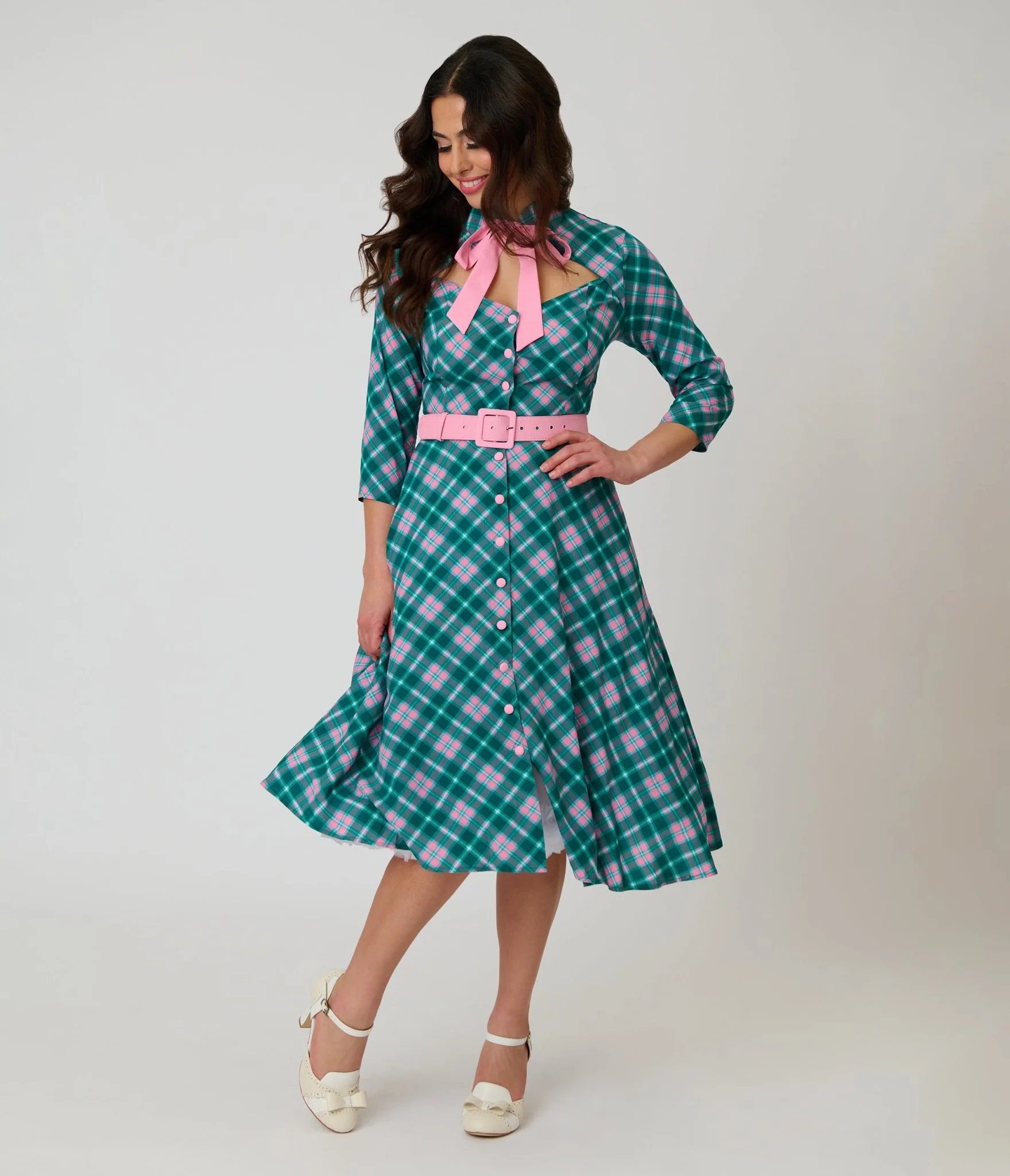 Unique Vintage Green & Light Pink Bias Plaid Swing Dress - Image 3