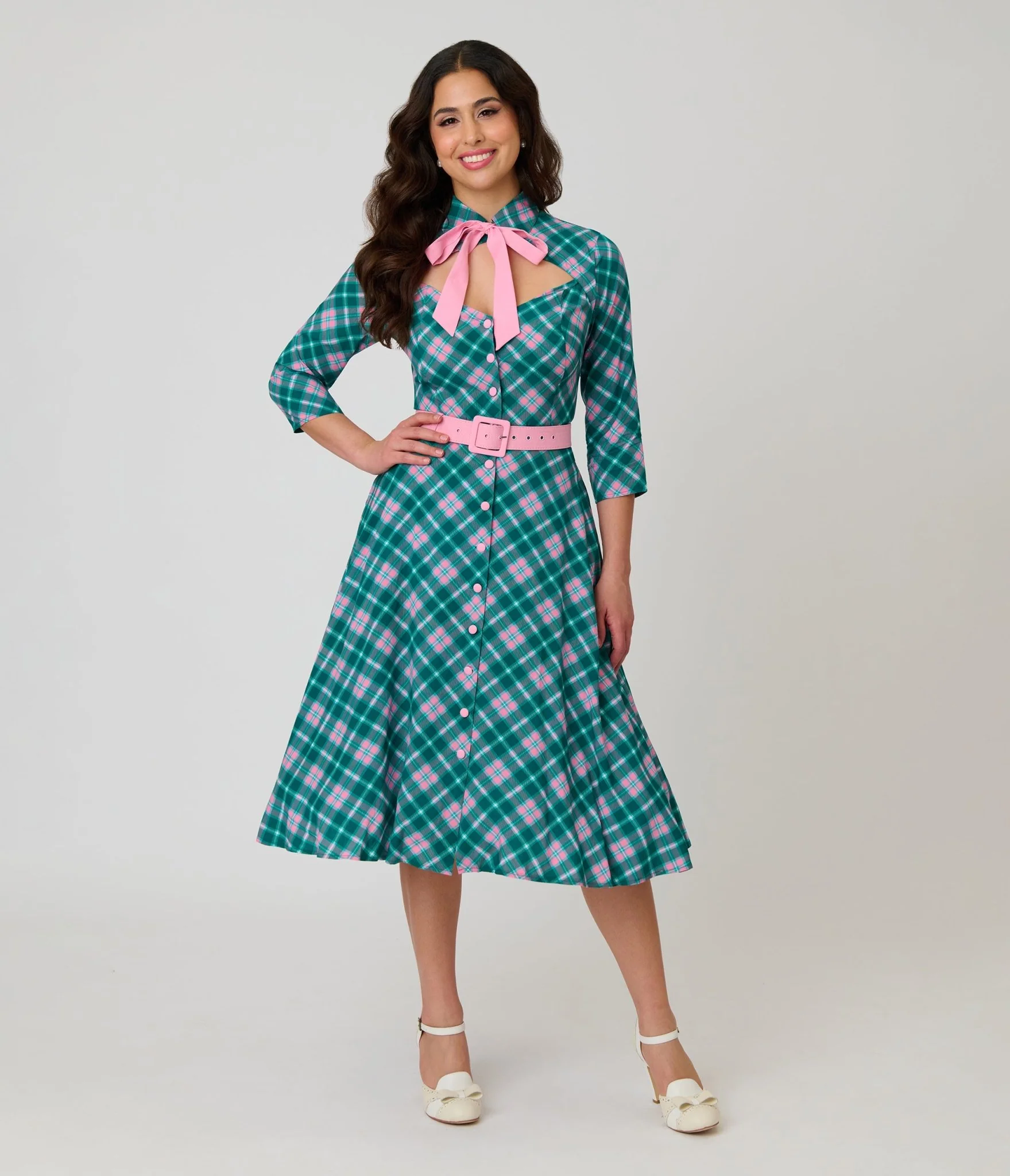 Unique Vintage Green & Light Pink Bias Plaid Swing Dress - Image 4