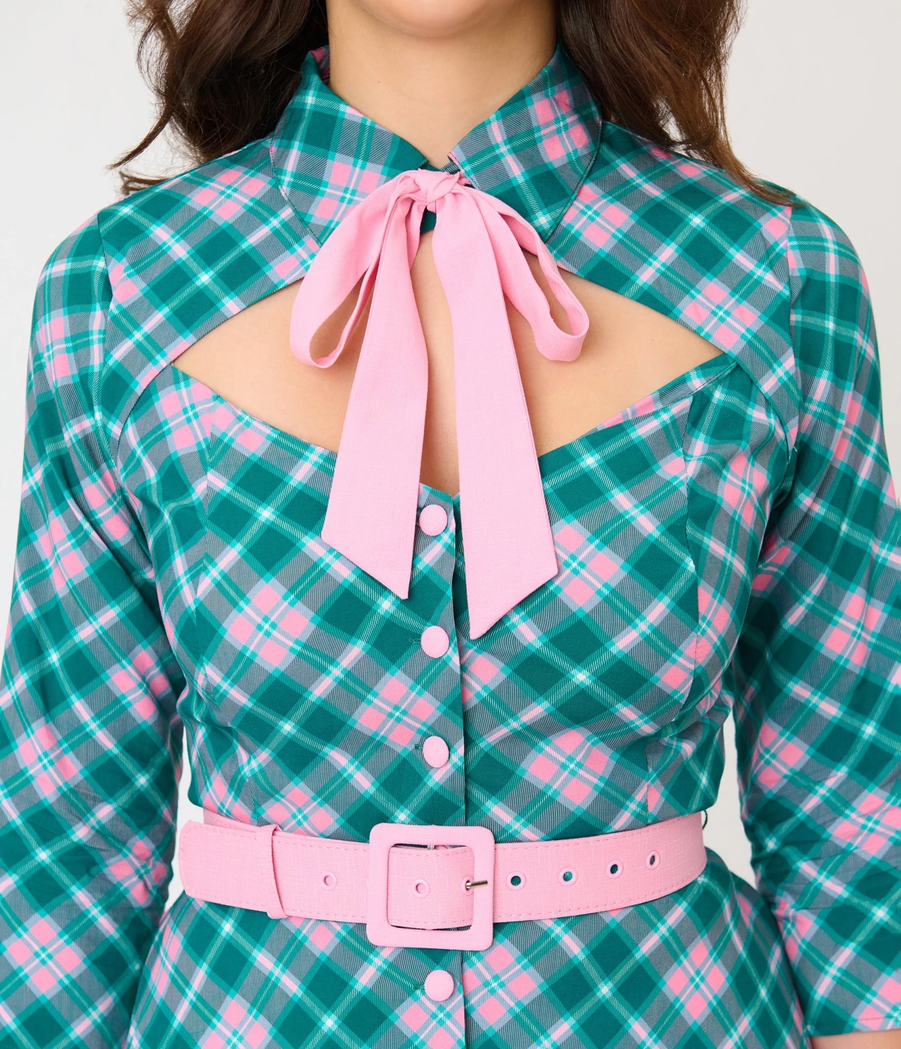 Unique Vintage Green & Light Pink Bias Plaid Swing Dress - Image 5