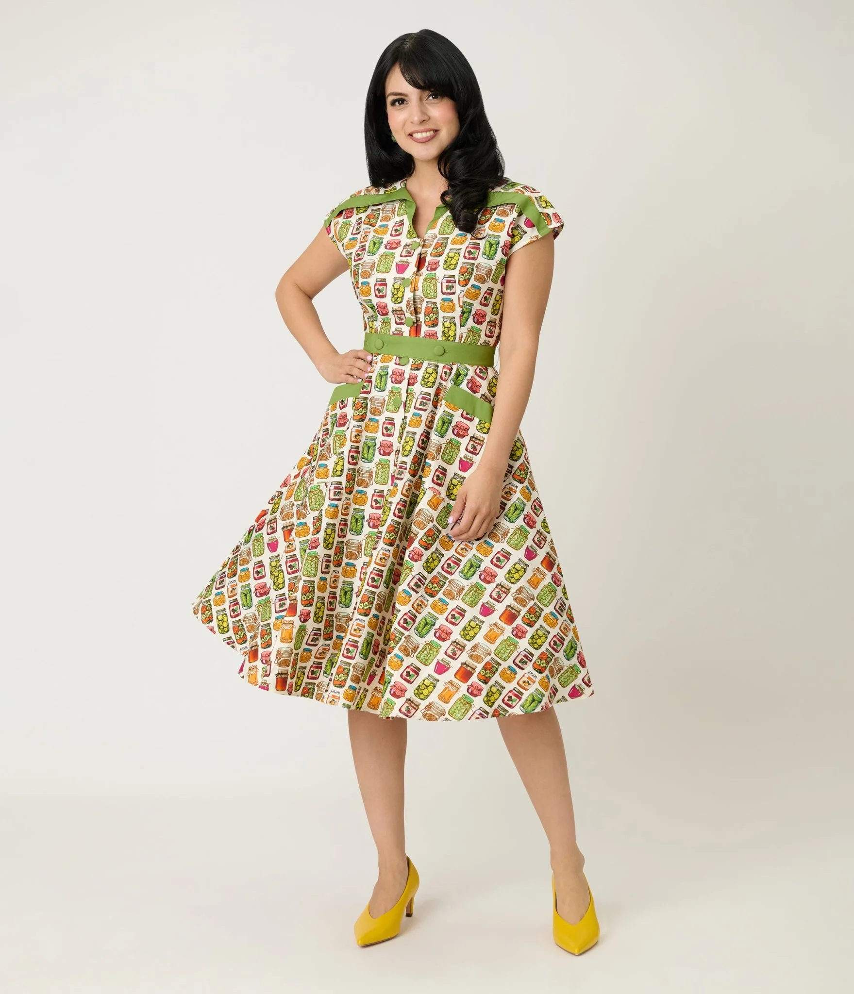 Unique Vintage Green Mason Jar Print Cotton Hedda Swing Dress - Image 3