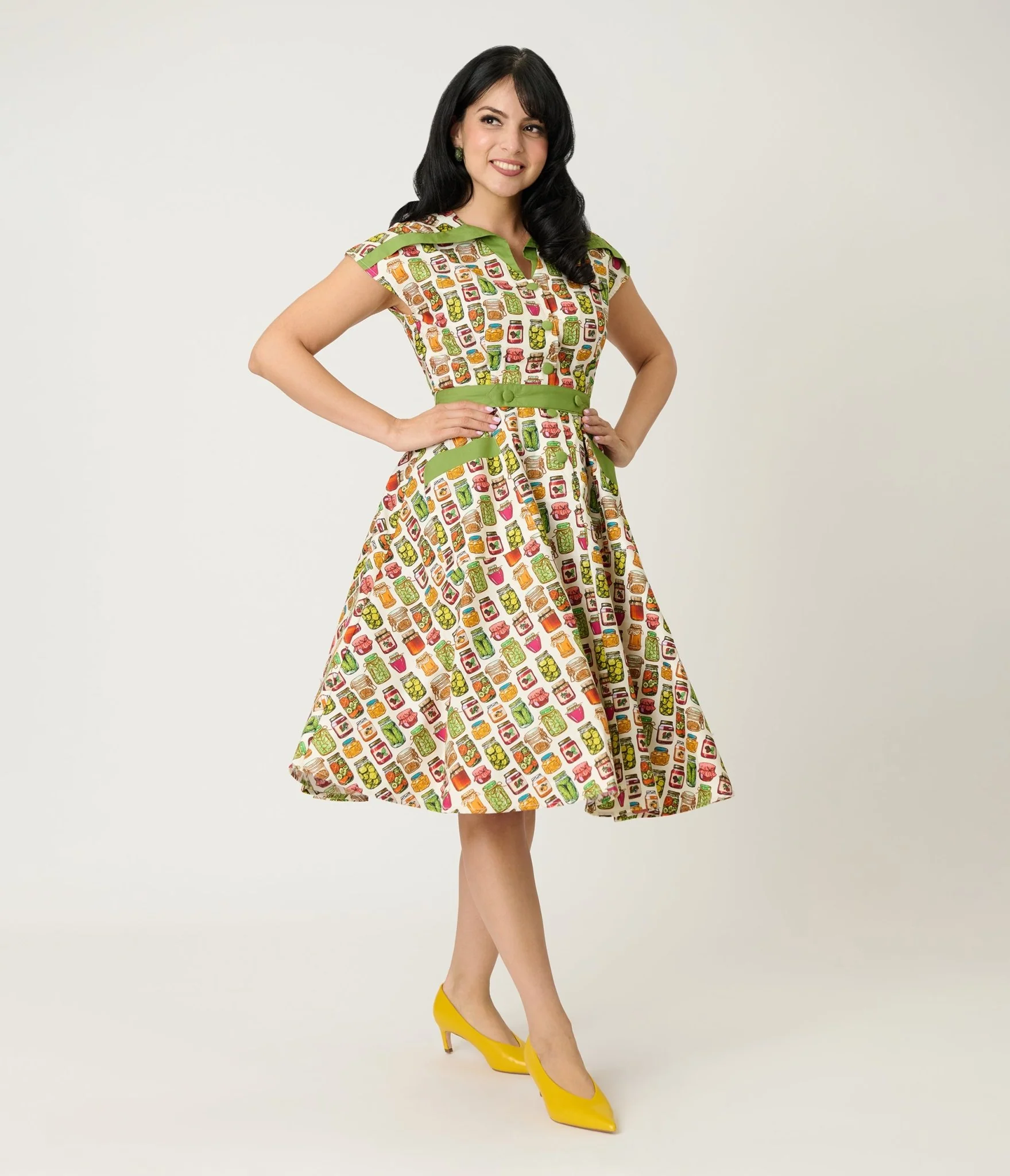 Unique Vintage Green Mason Jar Print Cotton Hedda Swing Dress - Image 4