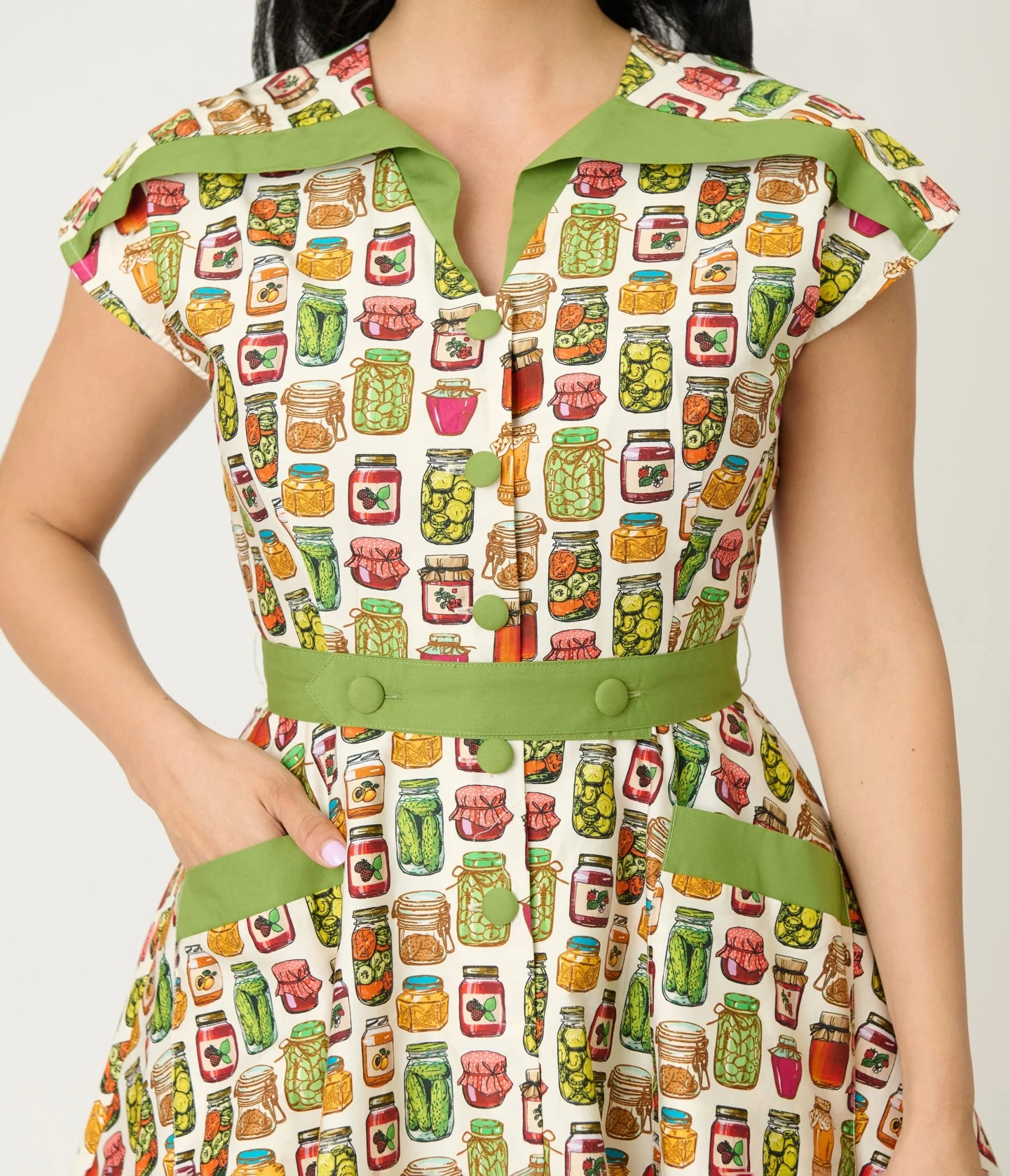 Unique Vintage Green Mason Jar Print Cotton Hedda Swing Dress - Image 5