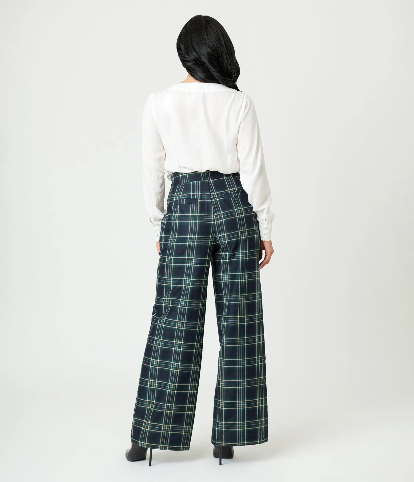 Unique Vintage Green Plaid High Waist Sailor Ginger Pants - Image 3