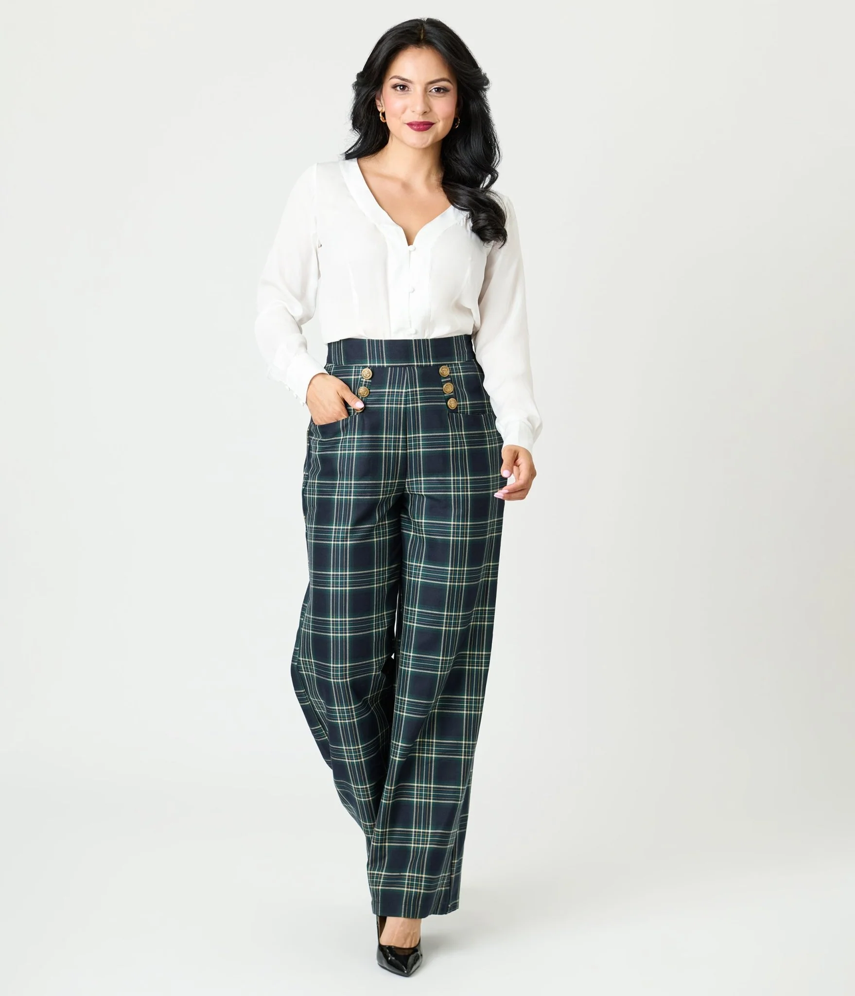 Unique Vintage Green Plaid High Waist Sailor Ginger Pants - Image 4