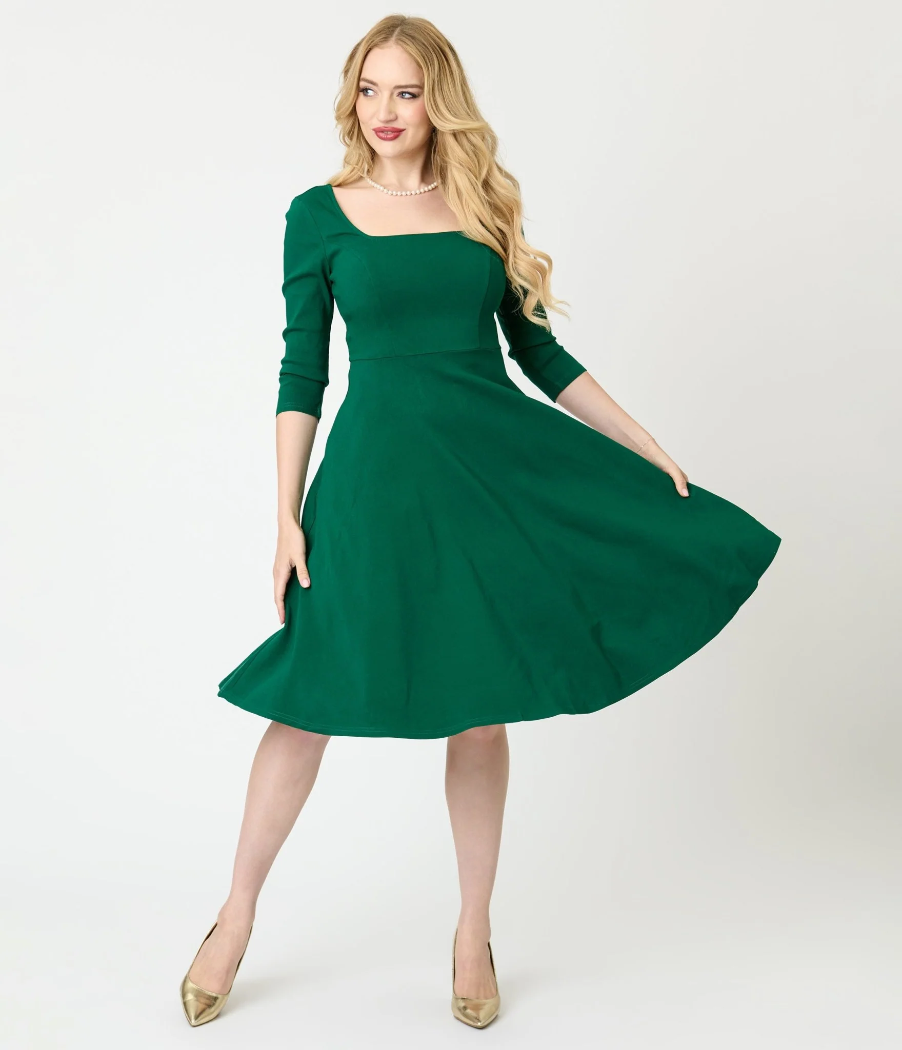 Unique Vintage Green Square Neck Swing Dress