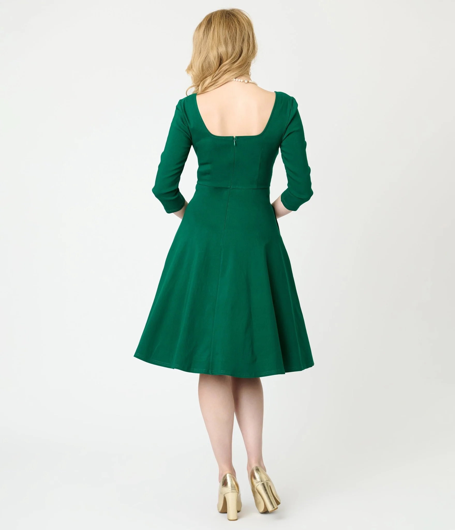Unique Vintage Green Square Neck Swing Dress - Image 2