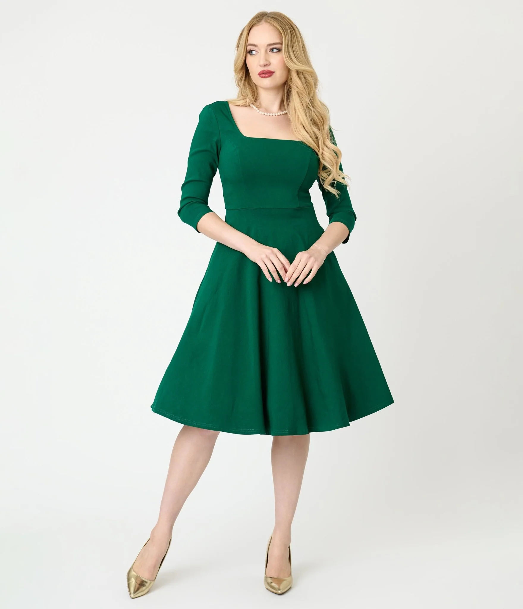 Unique Vintage Green Square Neck Swing Dress - Image 3