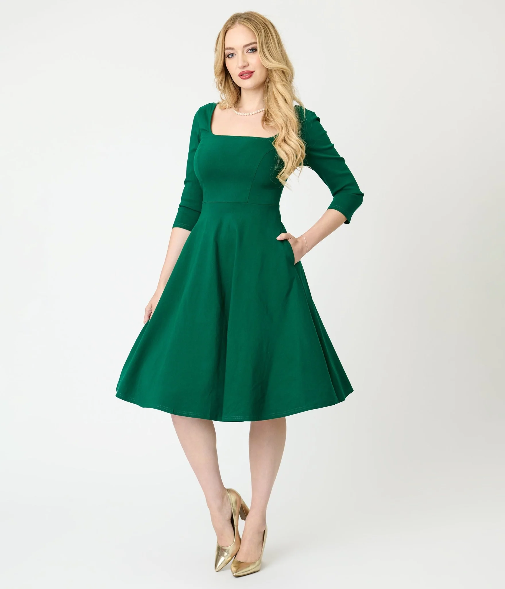 Unique Vintage Green Square Neck Swing Dress - Image 4
