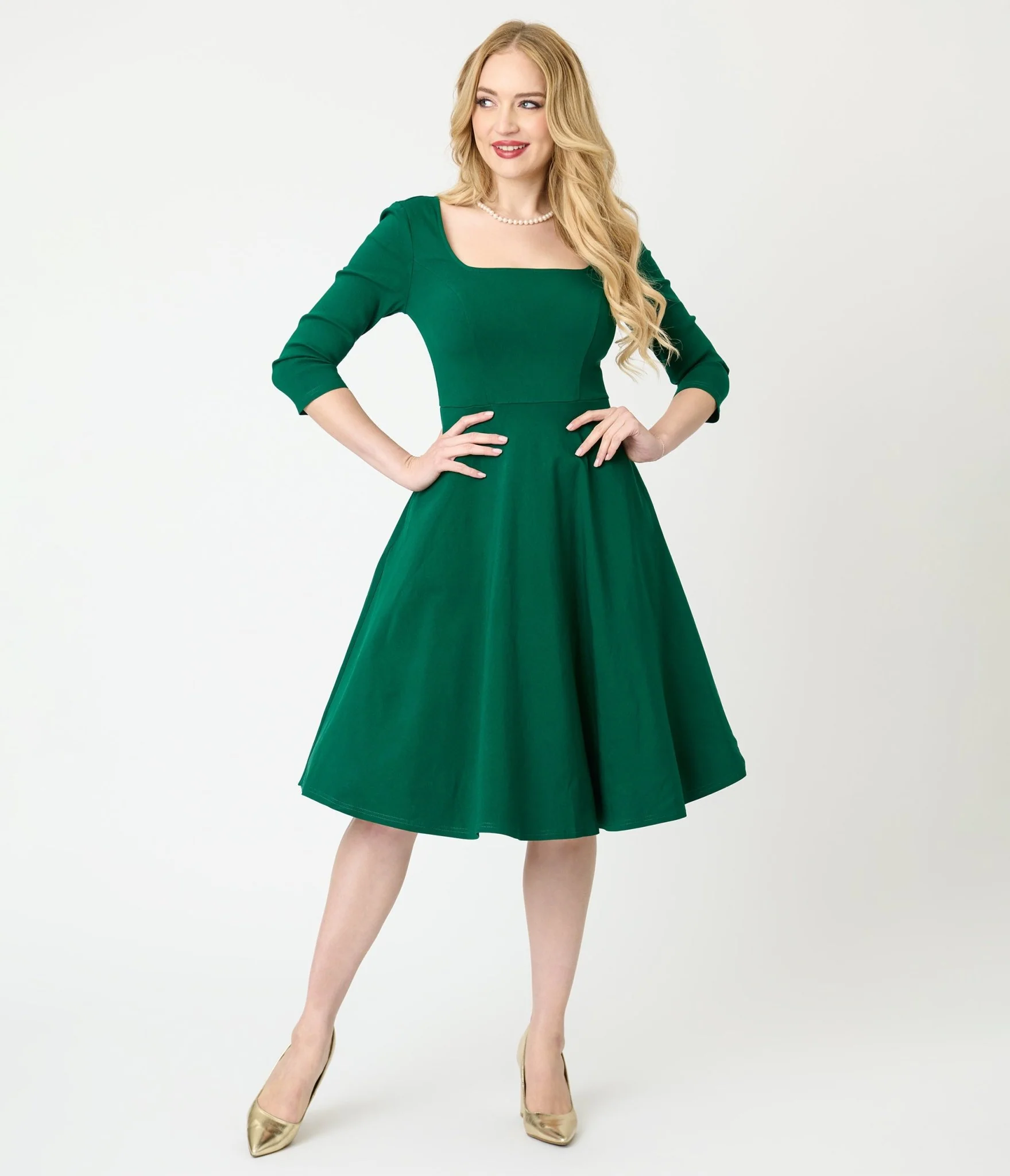 Unique Vintage Green Square Neck Swing Dress - Image 5