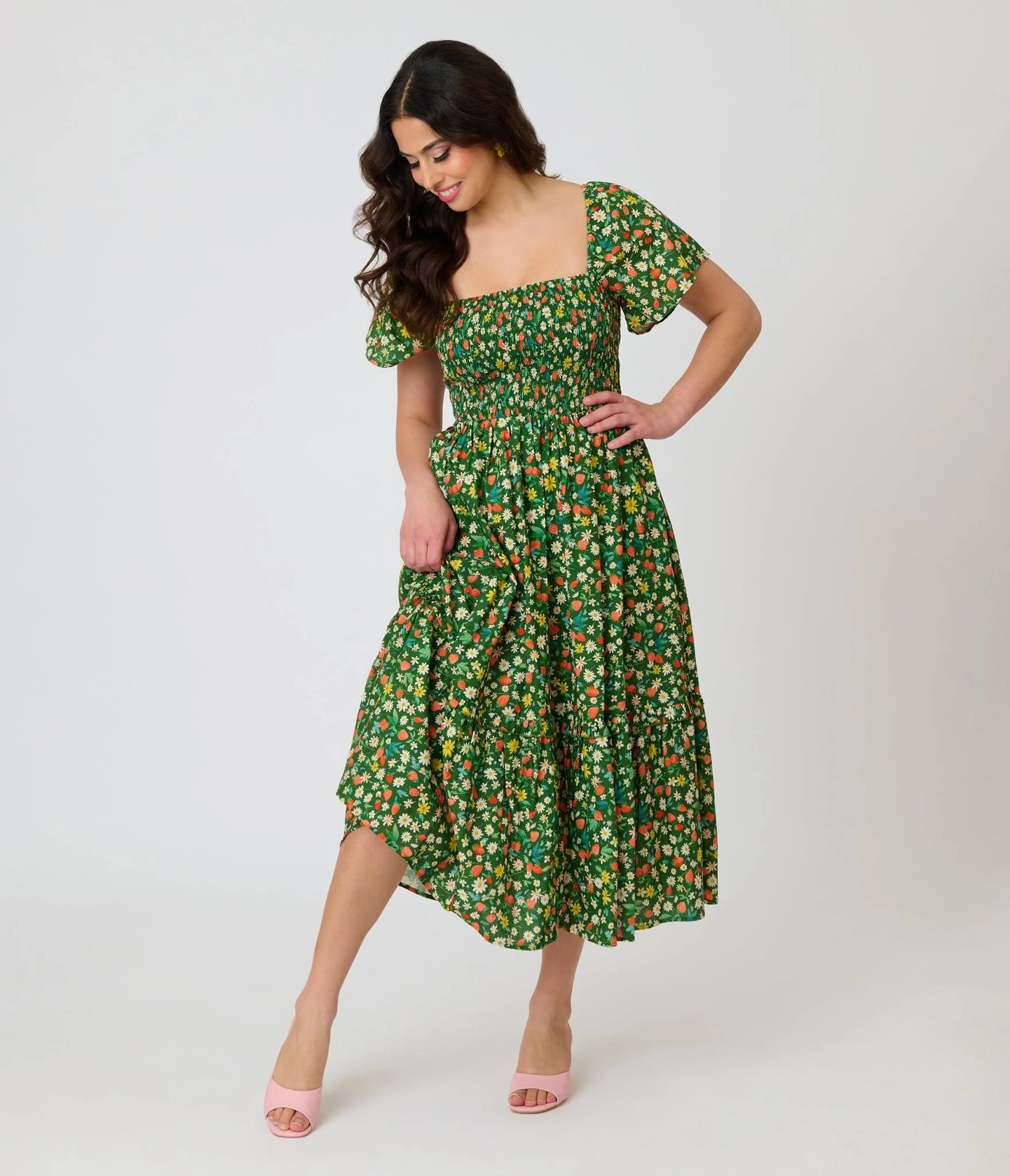 Unique Vintage Green & Strawberry Print Smocked Bodice Midi Dress