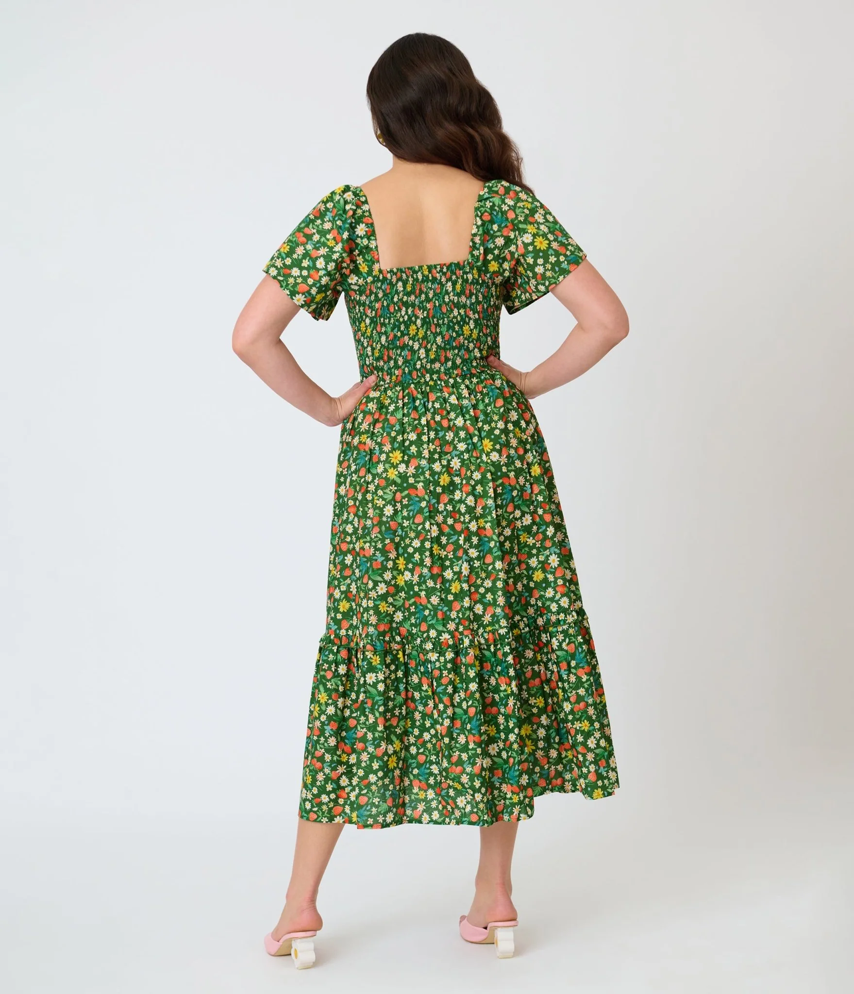 Unique Vintage Green & Strawberry Print Smocked Bodice Midi Dress - Image 2