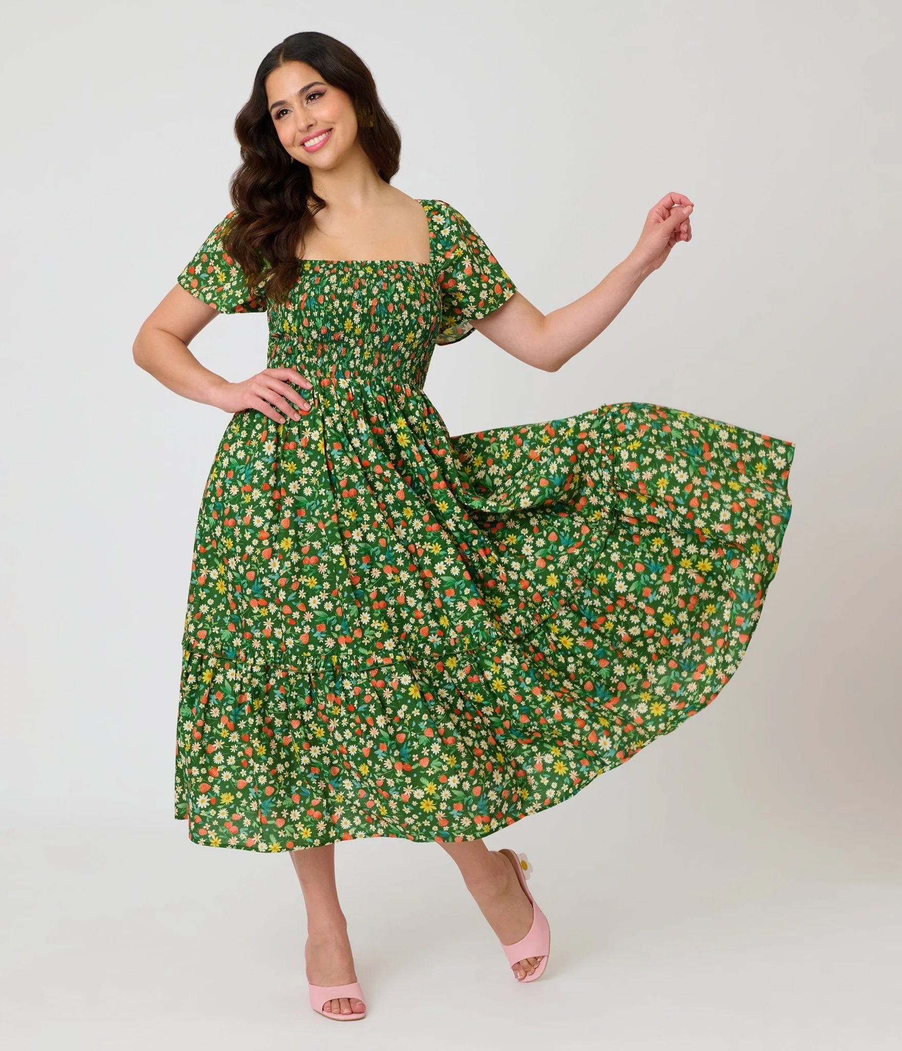 Unique Vintage Green & Strawberry Print Smocked Bodice Midi Dress - Image 3