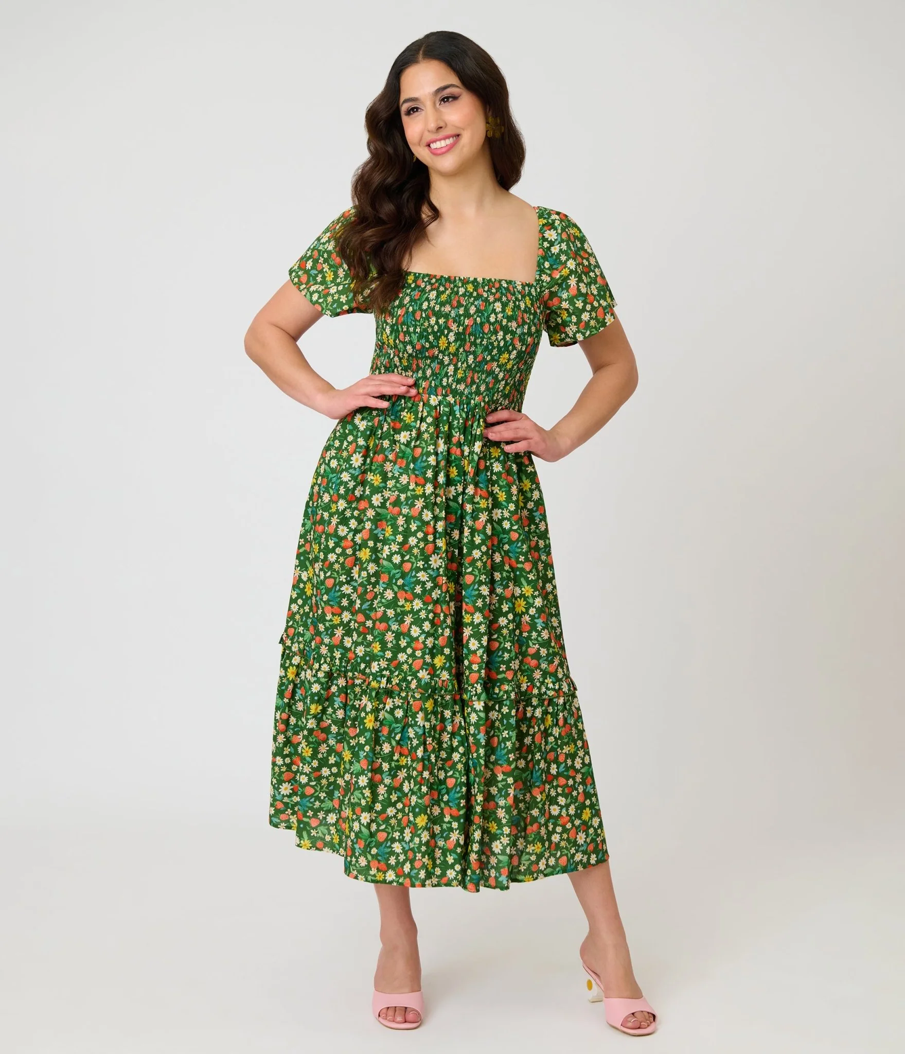 Unique Vintage Green & Strawberry Print Smocked Bodice Midi Dress - Image 4