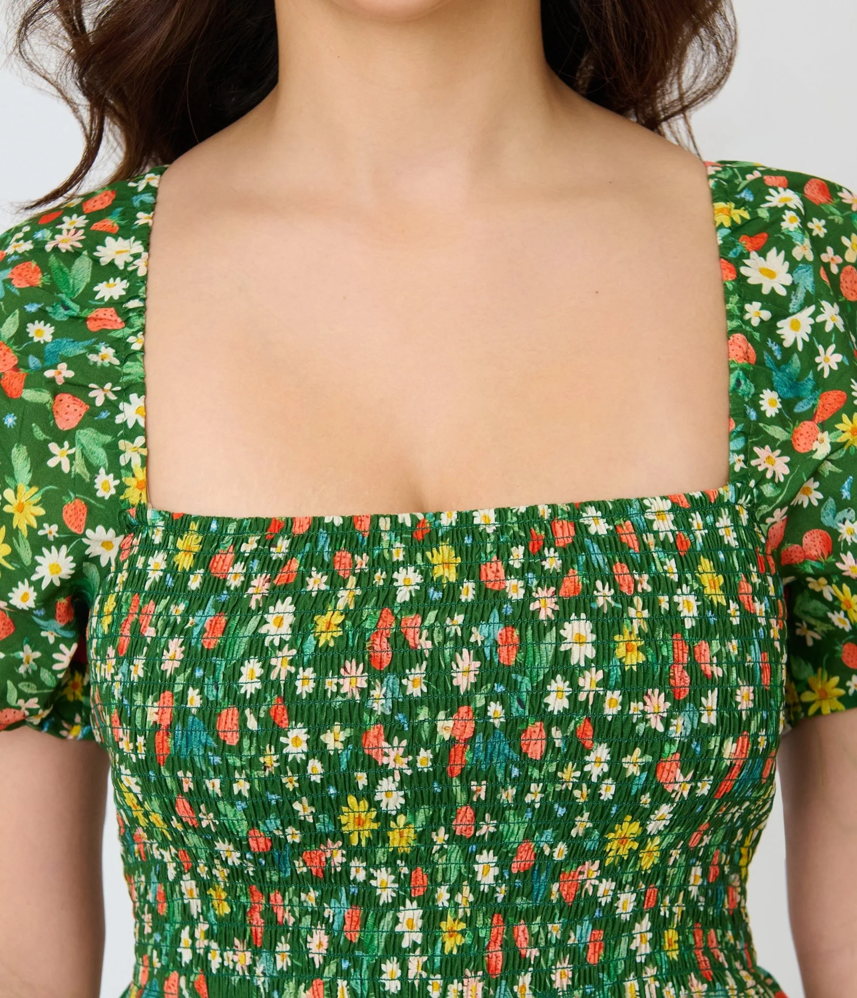 Unique Vintage Green & Strawberry Print Smocked Bodice Midi Dress - Image 5