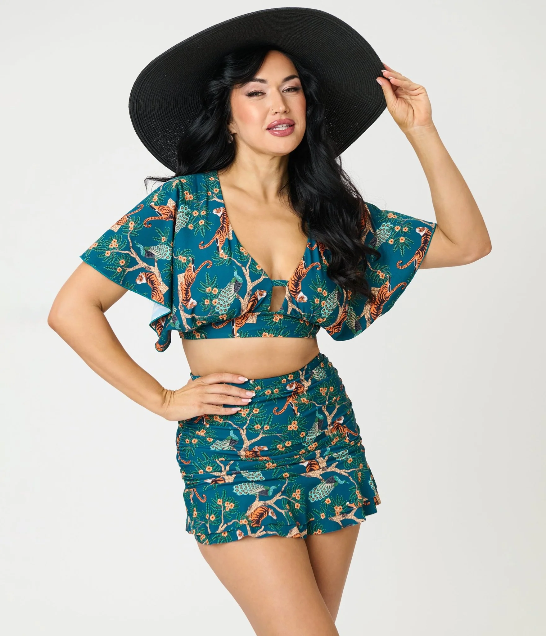 Unique Vintage Green Tiger Print Flutter Sleeve Swim Top