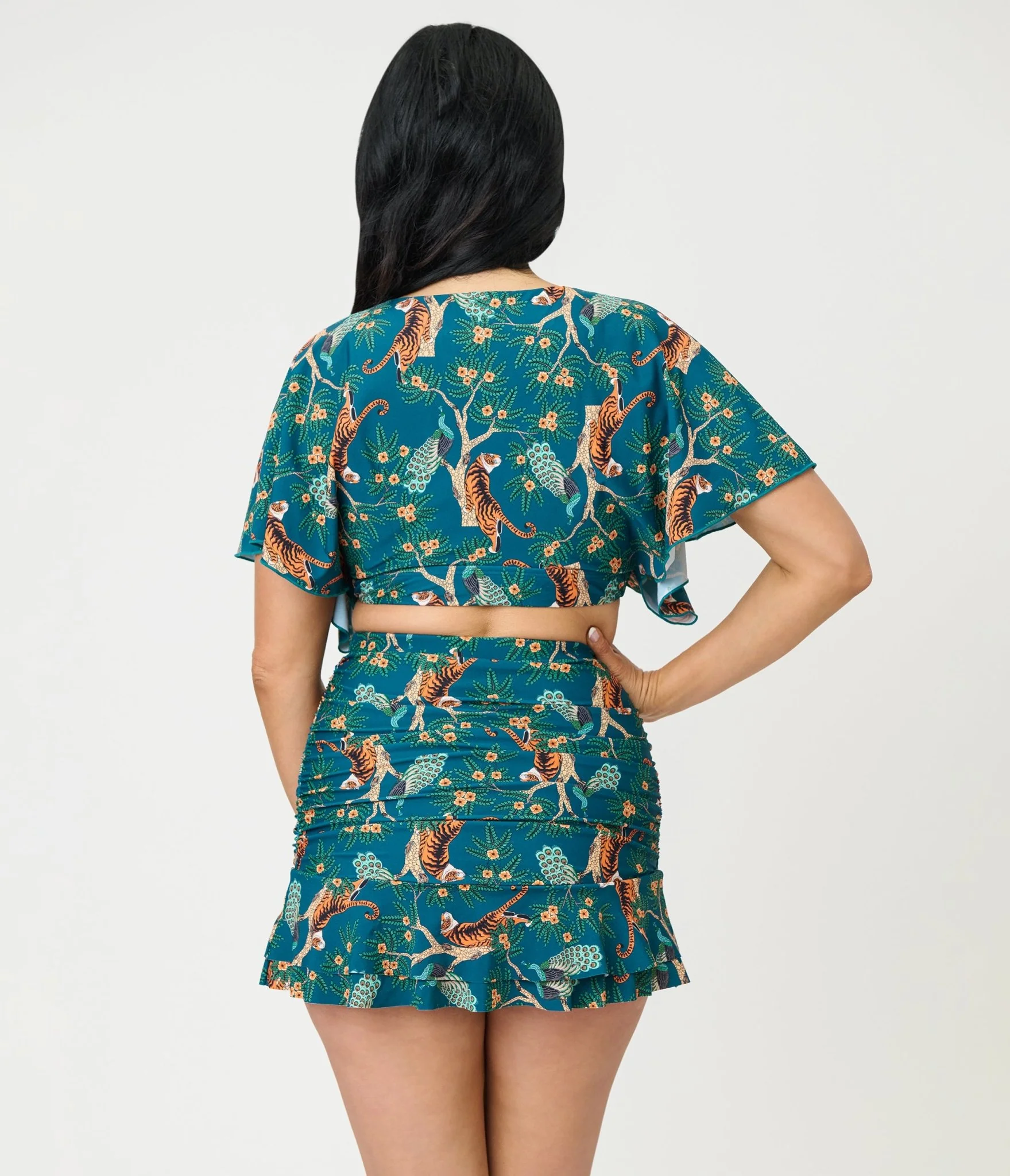 Unique Vintage Green Tiger Print Flutter Sleeve Swim Top - Image 2