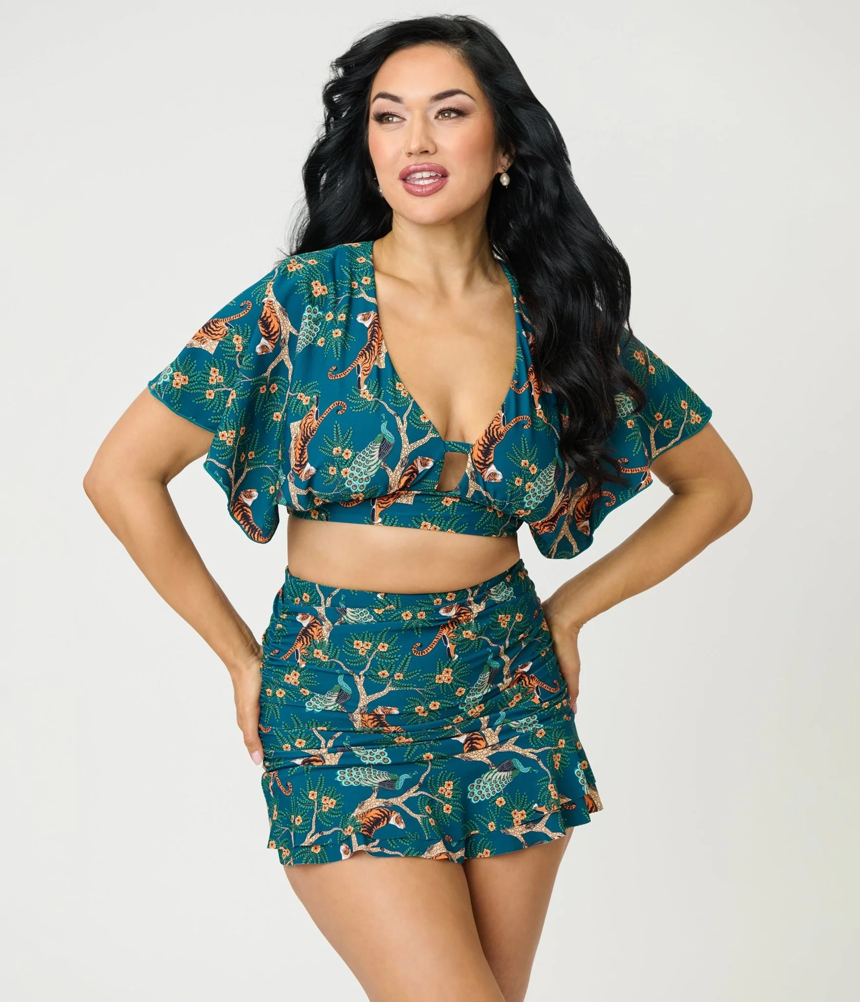 Unique Vintage Green Tiger Print Flutter Sleeve Swim Top - Image 3