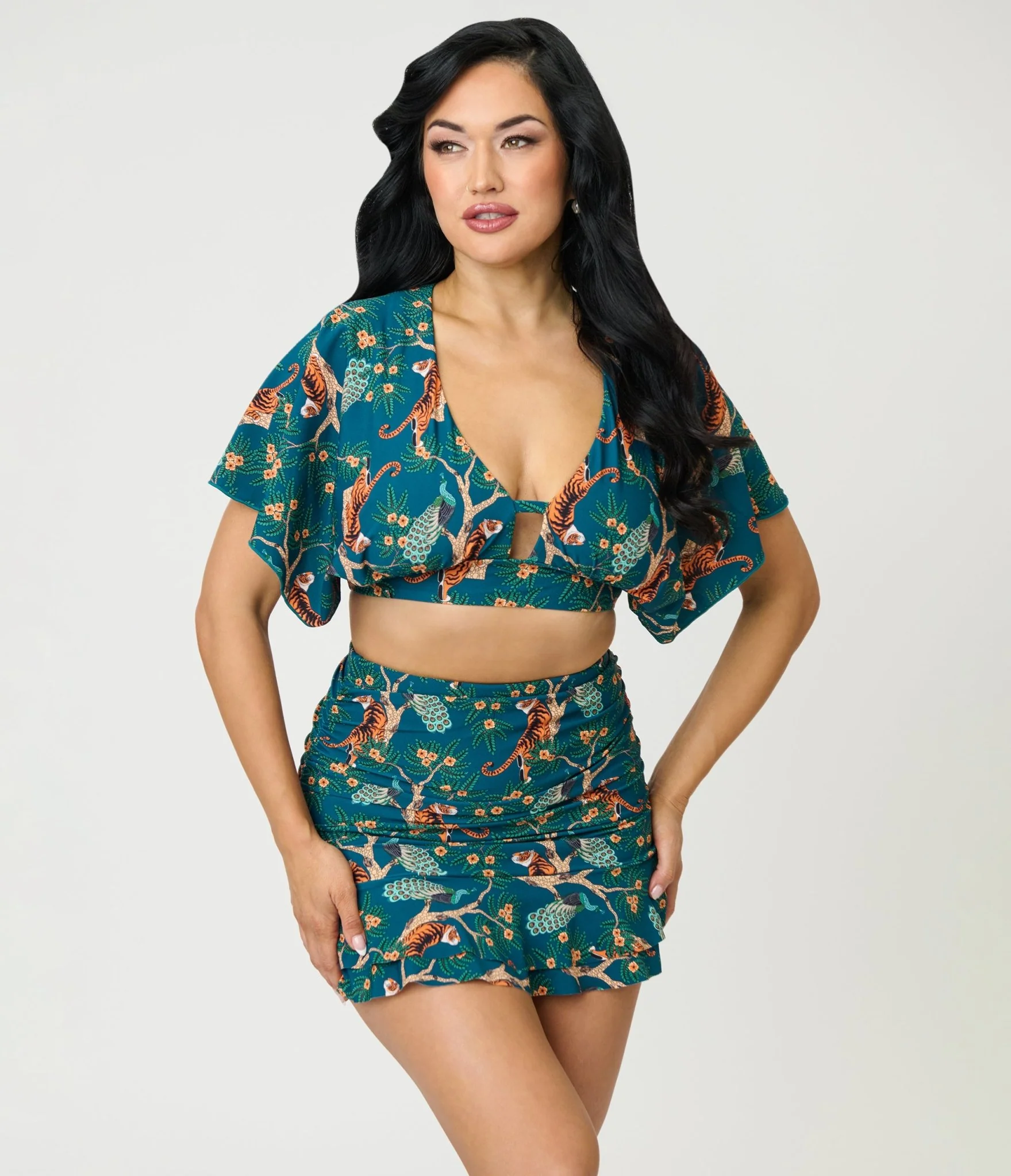 Unique Vintage Green Tiger Print Flutter Sleeve Swim Top - Image 4