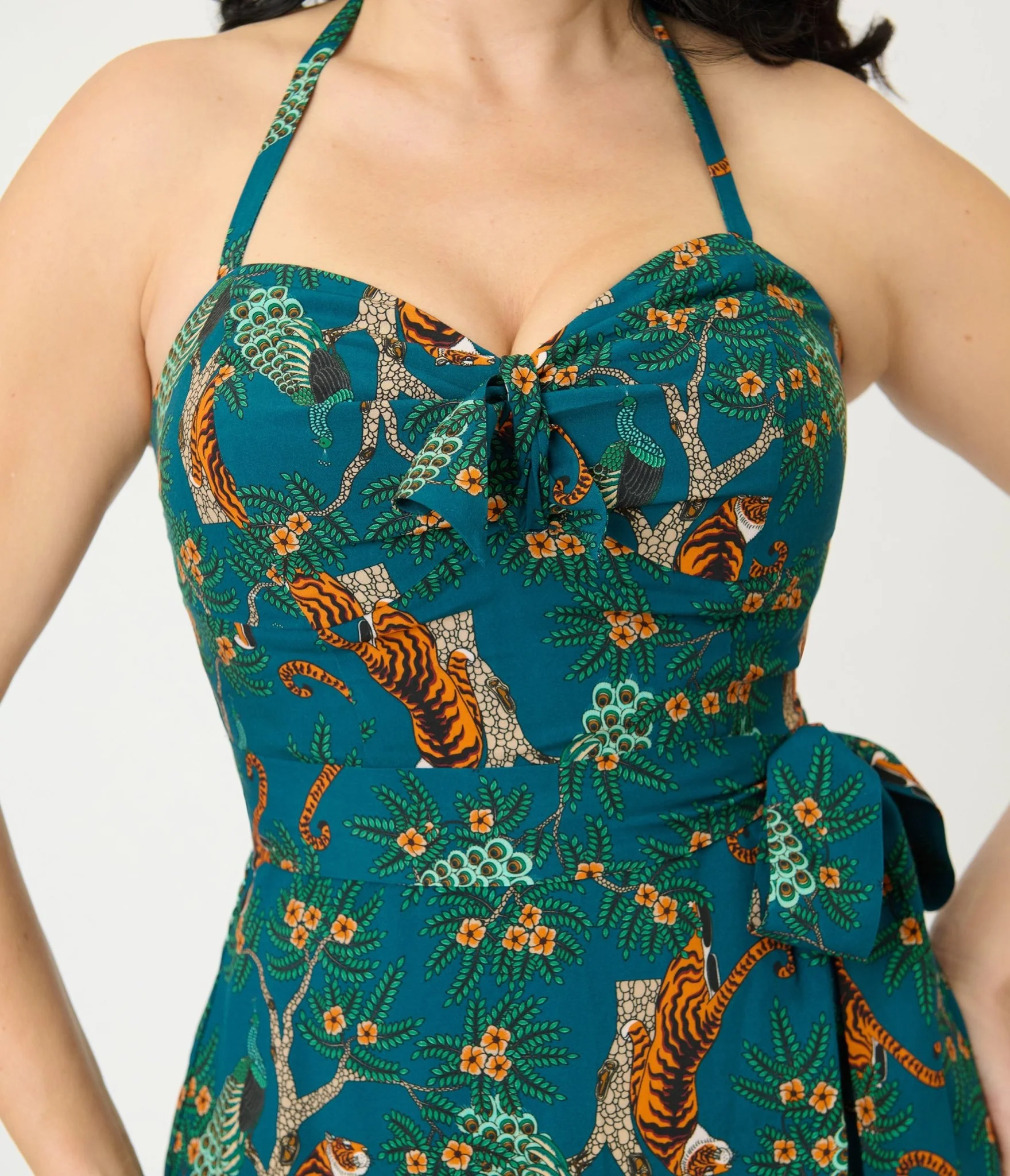 Unique Vintage Green & Tiger Print Leilani Sarong Dress - Image 4