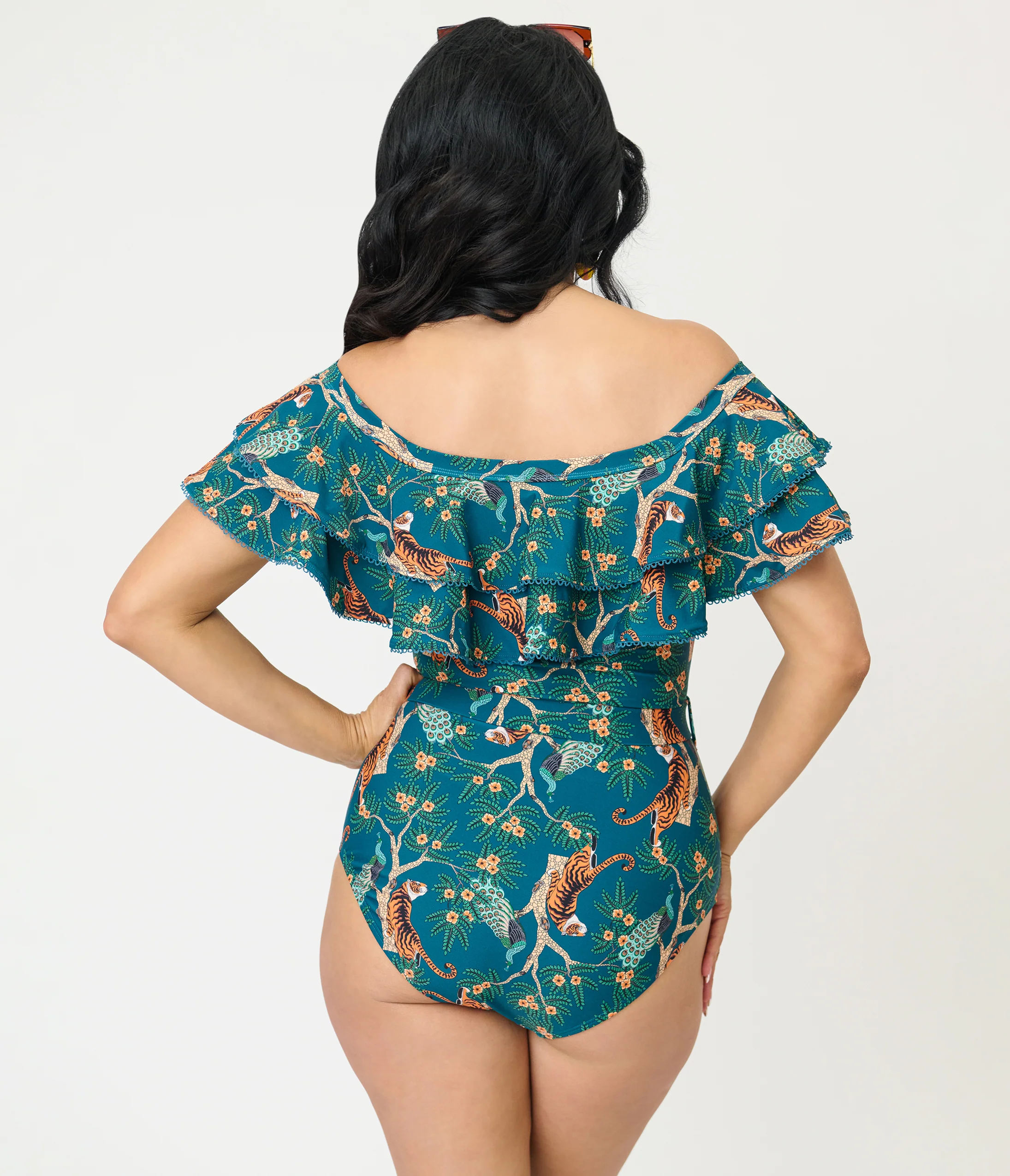Unique Vintage Green Tiger Print Off Shoulder Nantucket Swimsuit - Image 2
