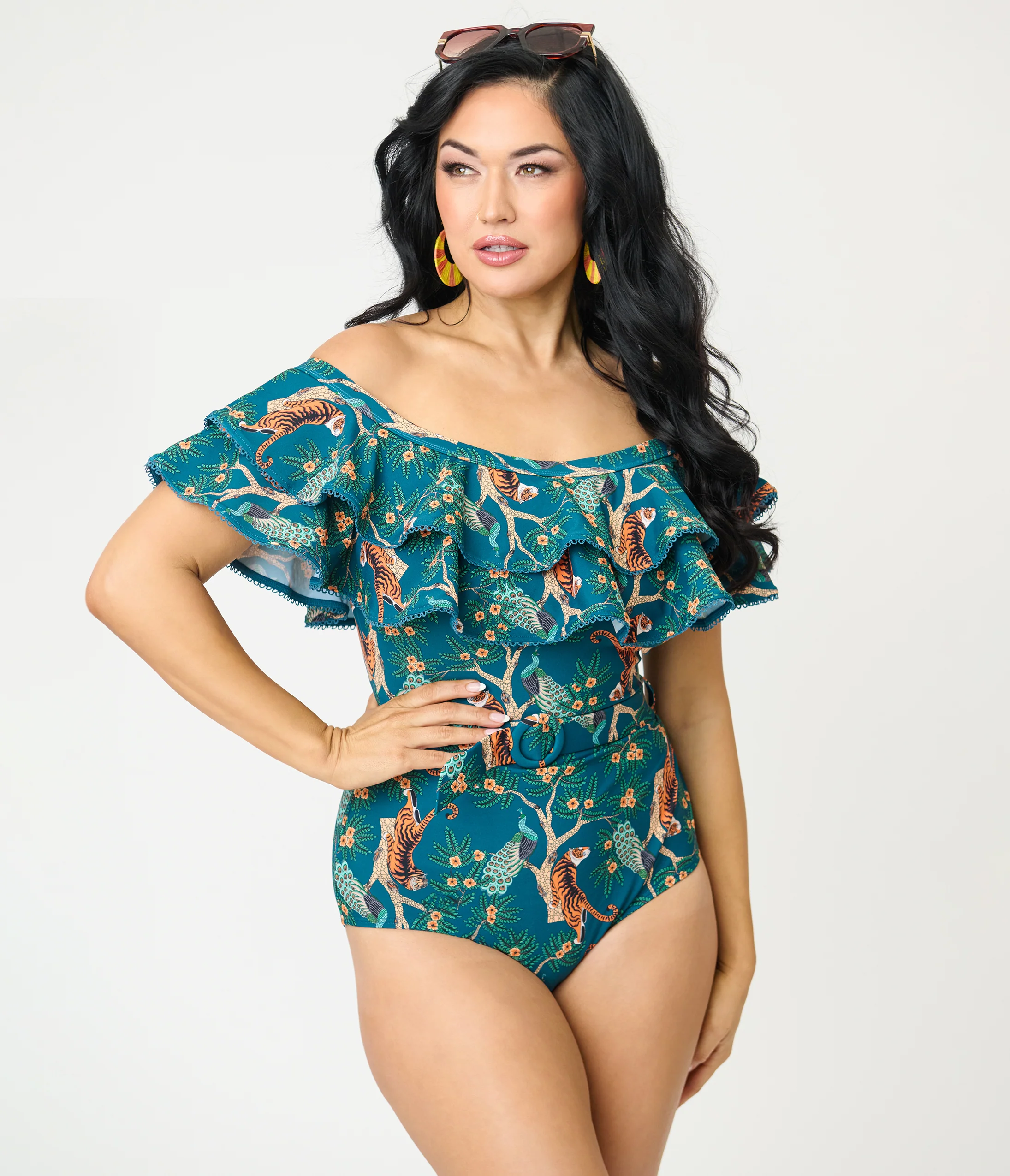Unique Vintage Green Tiger Print Off Shoulder Nantucket Swimsuit - Image 3