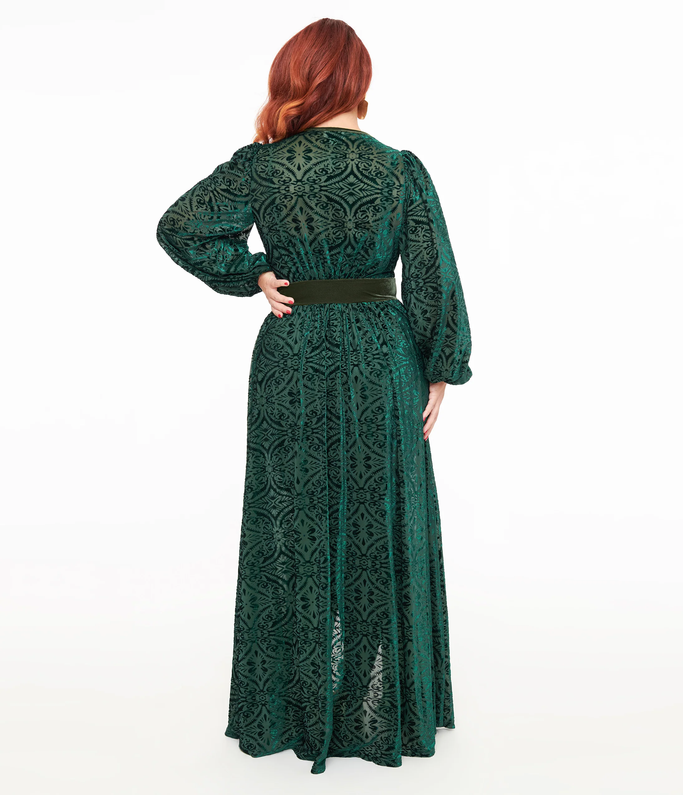 Unique Vintage Green Velvet Burnout Hollywood Duster - Image 2