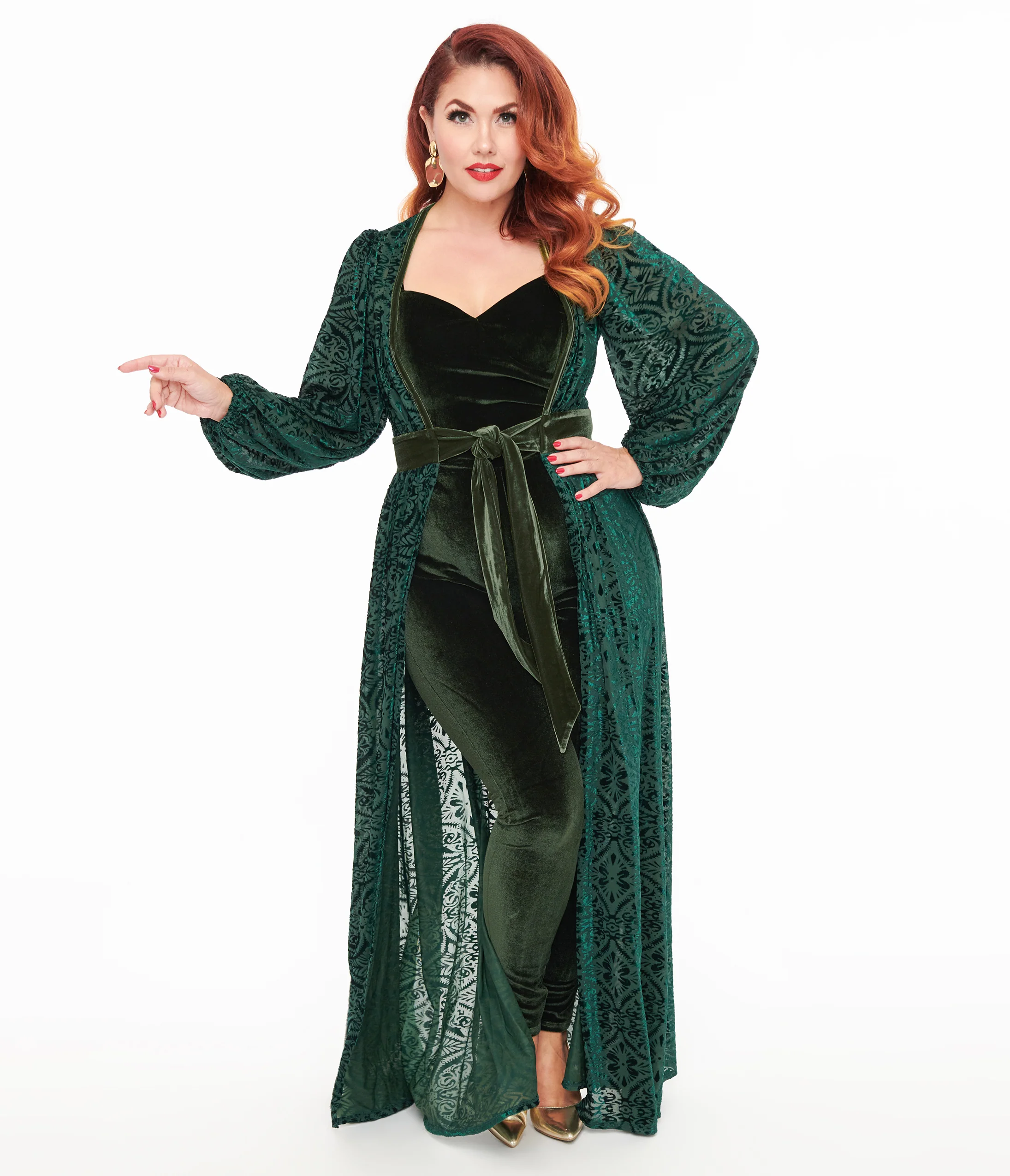 Unique Vintage Green Velvet Burnout Hollywood Duster - Image 3
