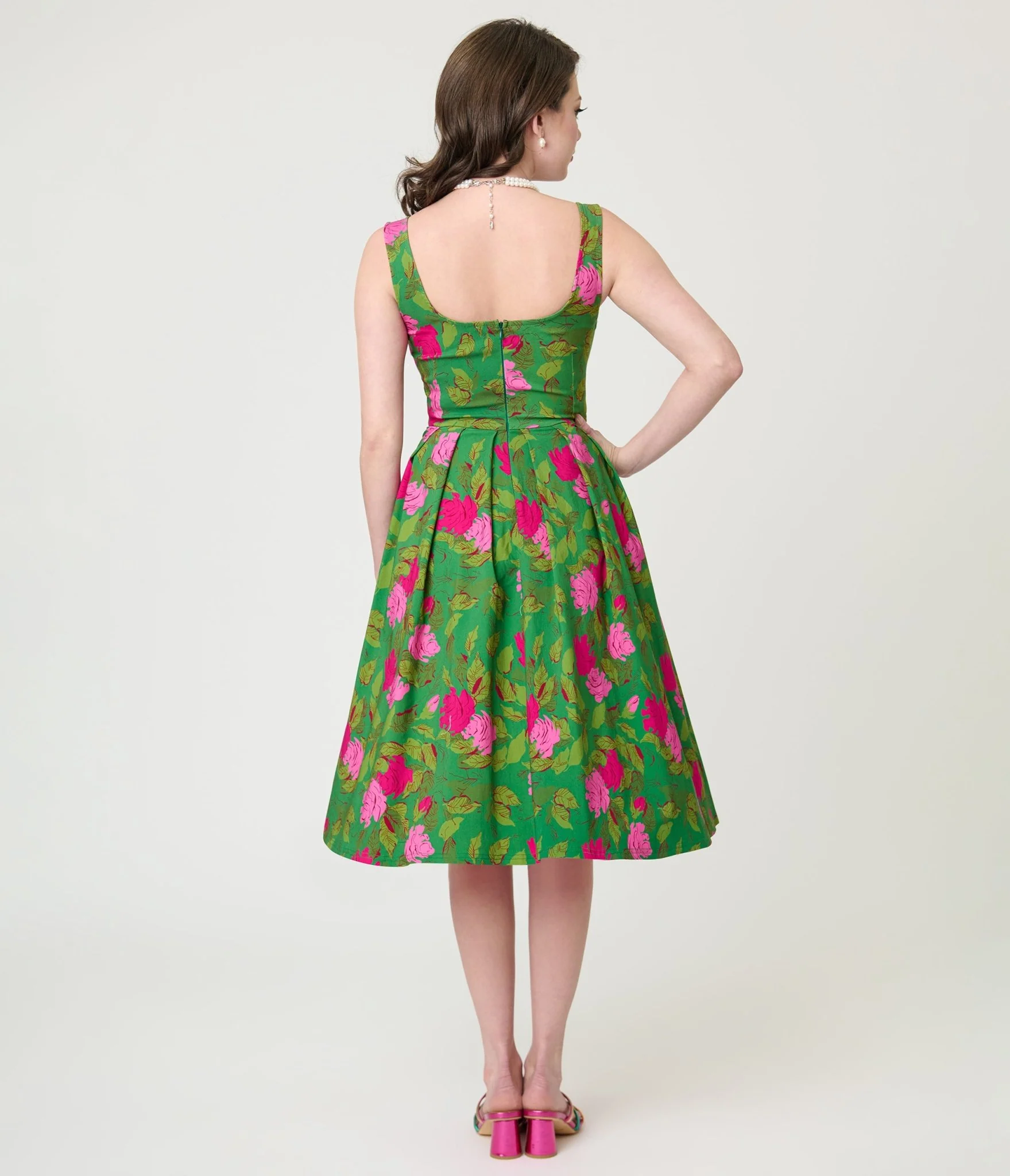 Unique Vintage Green Vintage Rose Square Neck Pleated Swing Dress - Image 2