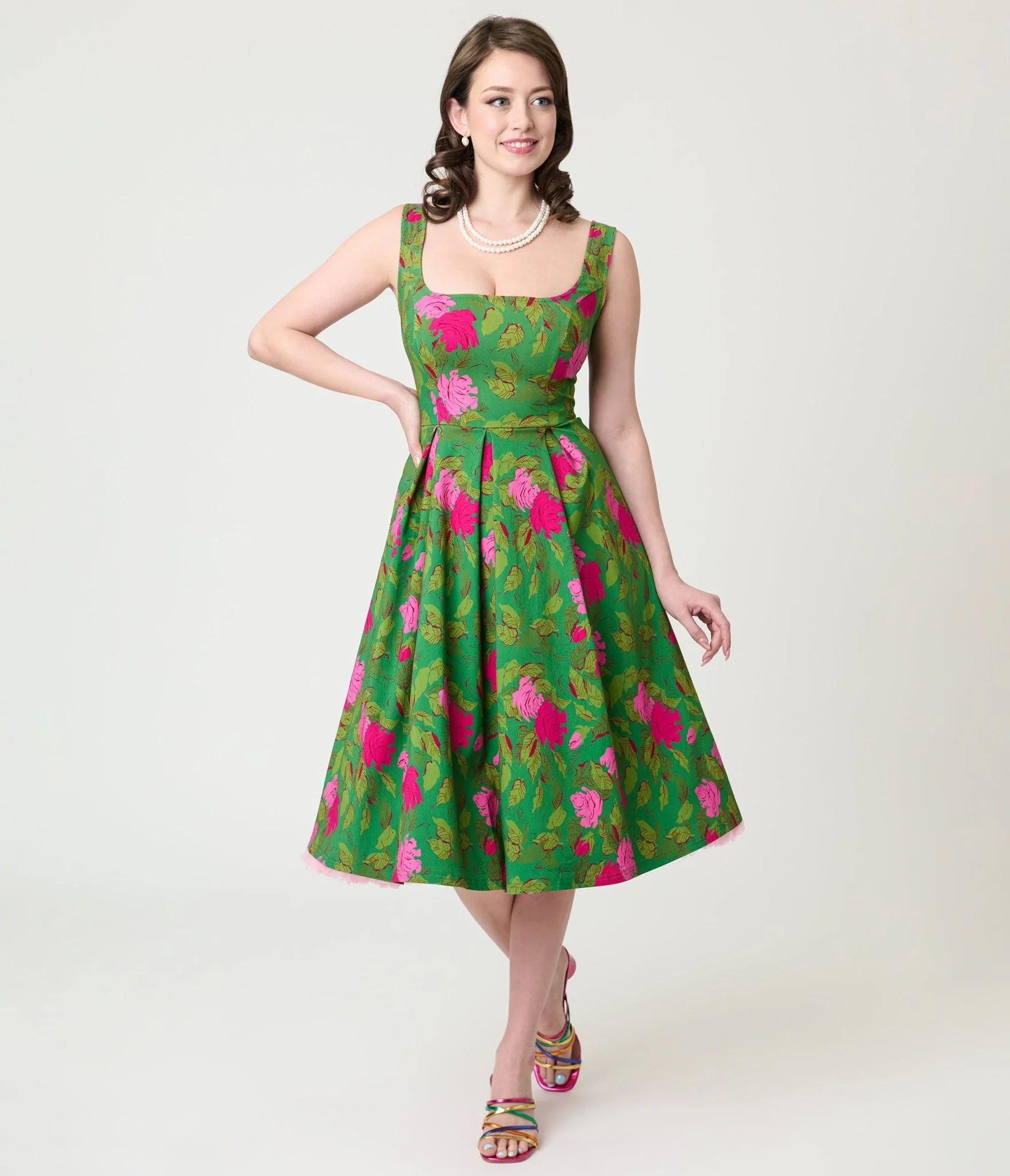 Unique Vintage Green Vintage Rose Square Neck Pleated Swing Dress - Image 3
