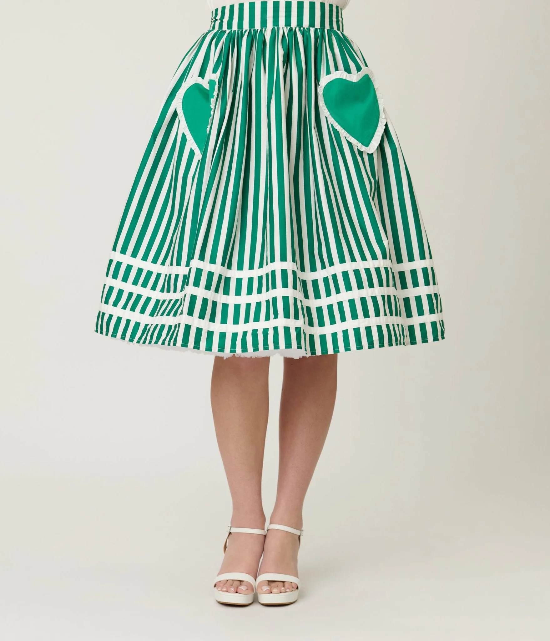 Unique Vintage Green & White Stripe Heart Pocket Swing Skirt - Image 2