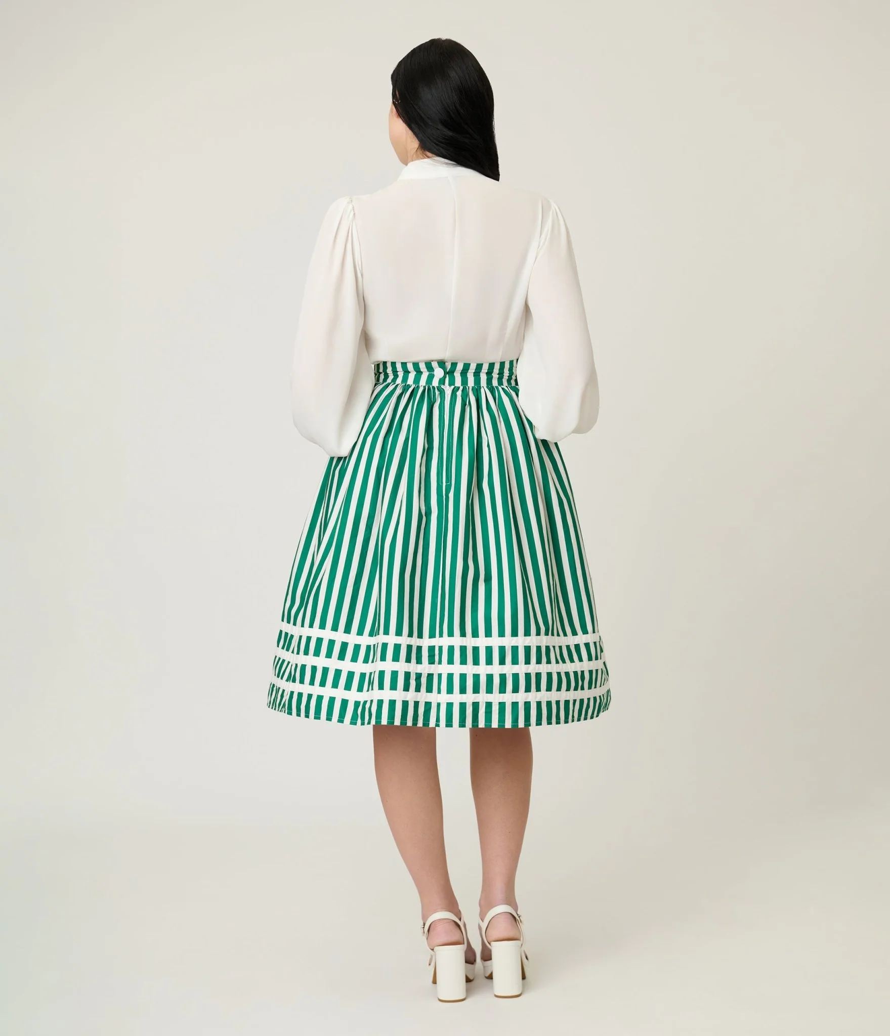 Unique Vintage Green & White Stripe Heart Pocket Swing Skirt - Image 3