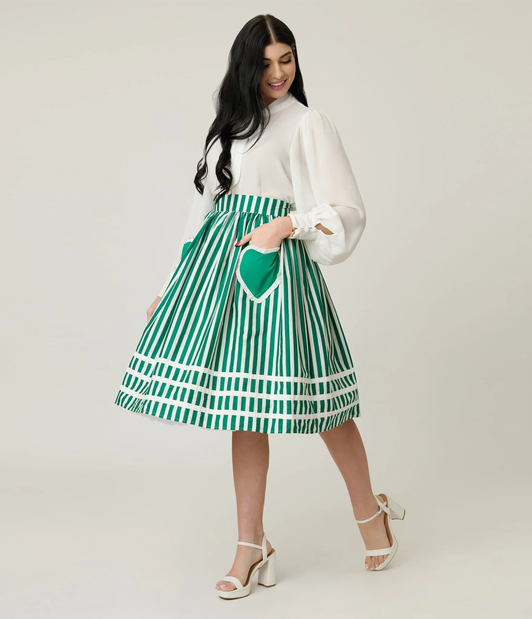 Unique Vintage Green & White Stripe Heart Pocket Swing Skirt - Image 4