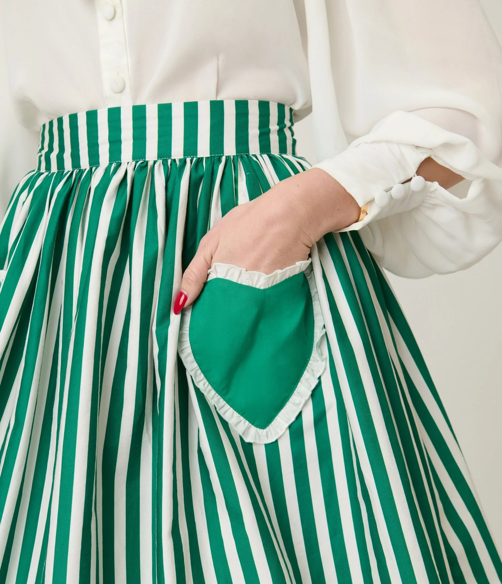 Unique Vintage Green & White Stripe Heart Pocket Swing Skirt - Image 5