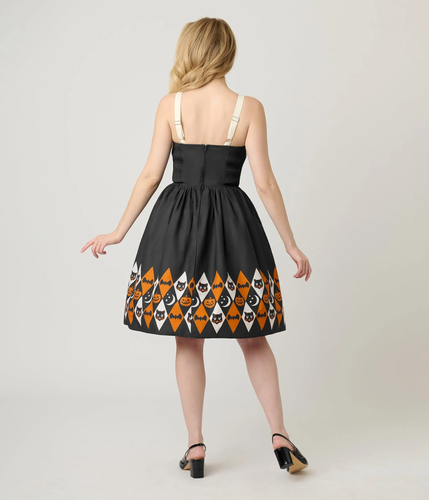 Unique Vintage Halloween Diamond Border Print Cotton Rachel Swing Dress - Image 2