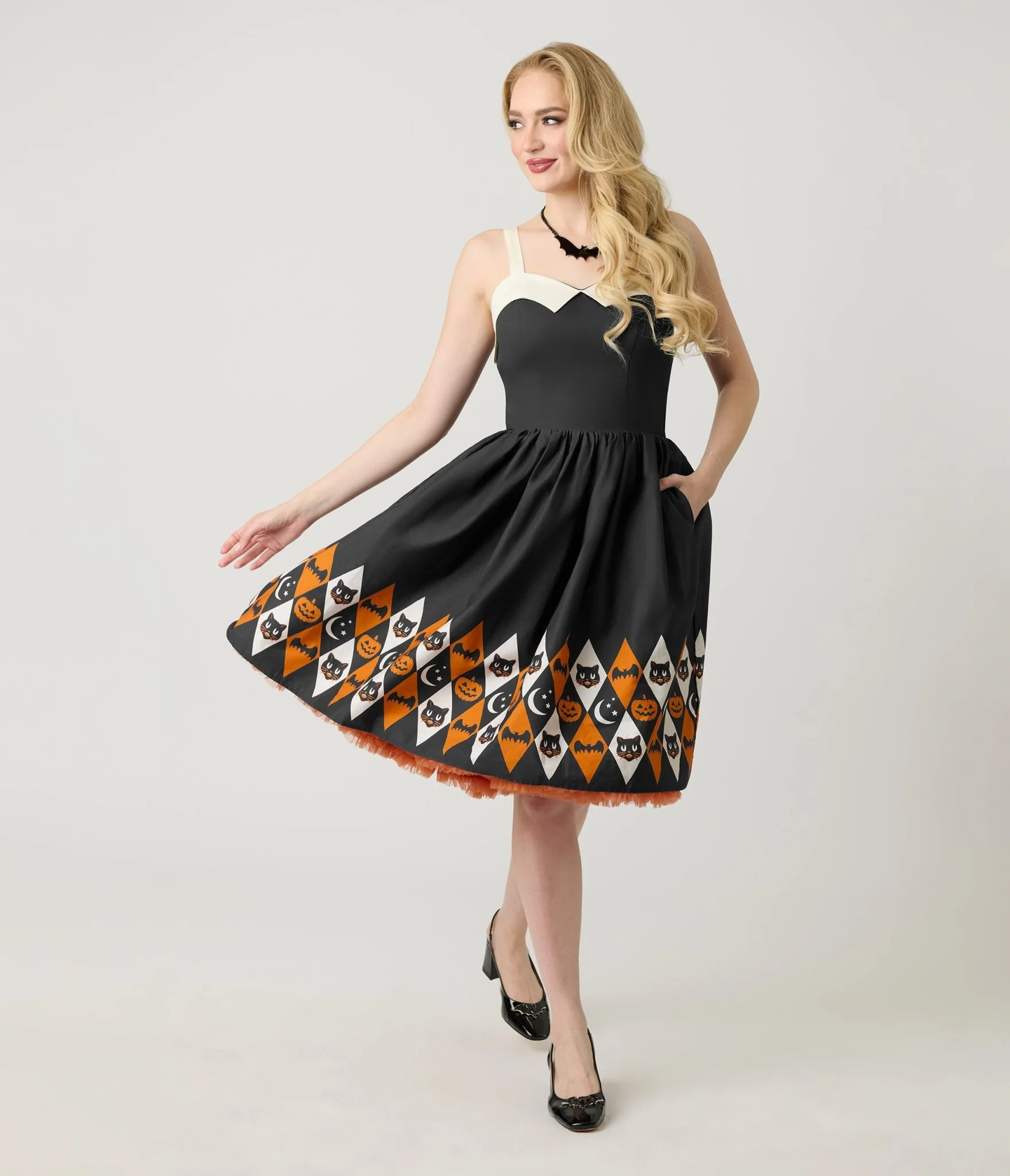 Unique Vintage Halloween Diamond Border Print Cotton Rachel Swing Dress - Image 3