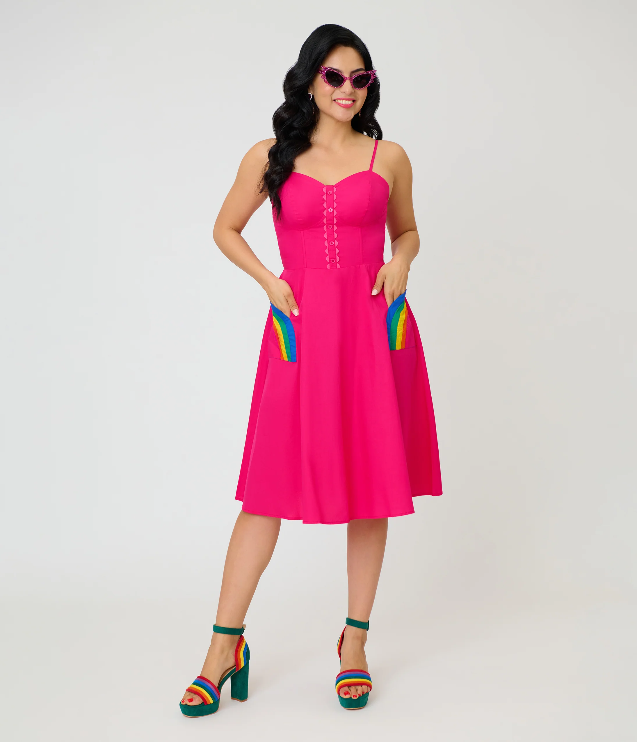 Unique Vintage Hot Pink & Rainbow Pockets Sweetheart Swing Dress