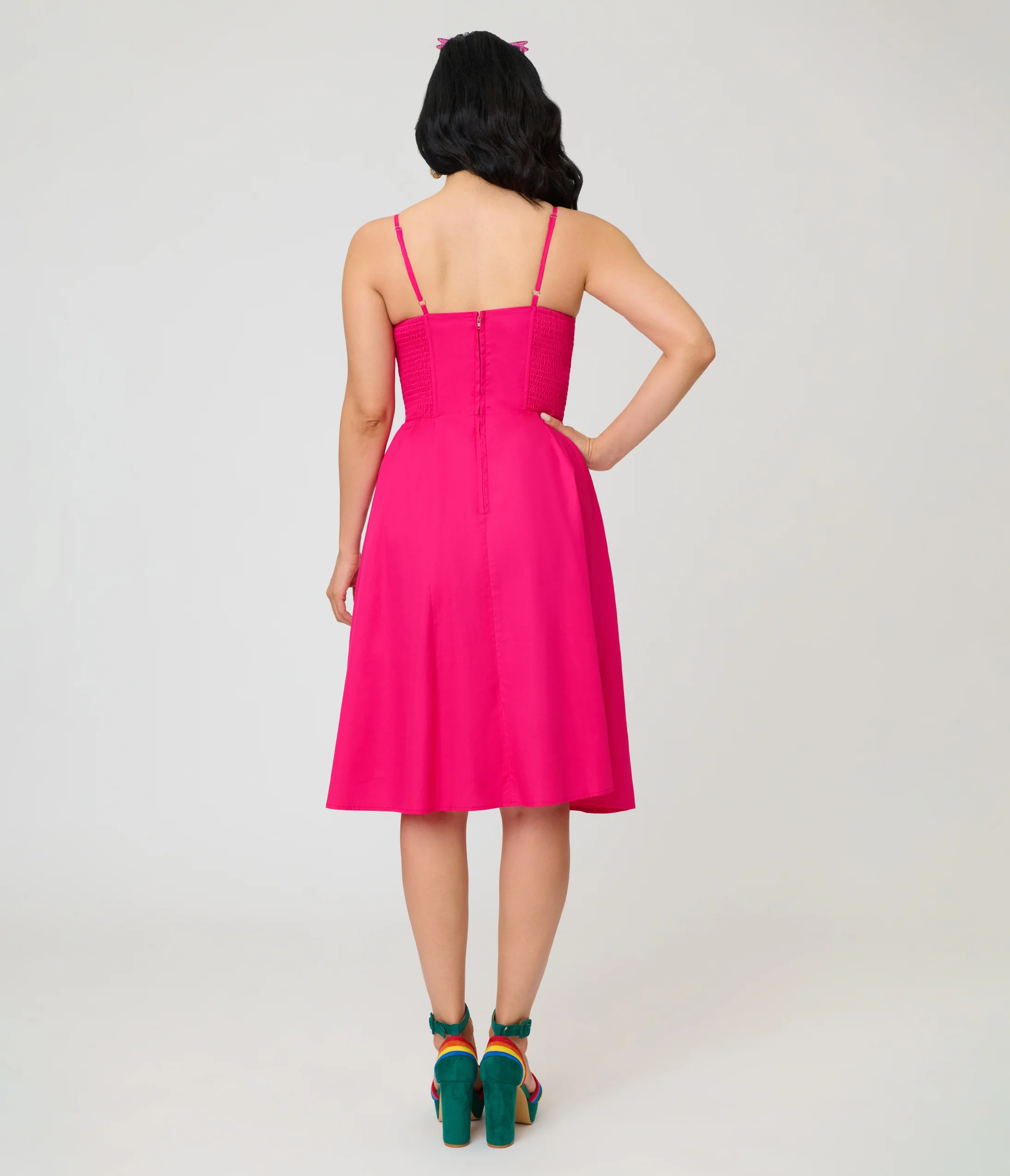 Unique Vintage Hot Pink & Rainbow Pockets Sweetheart Swing Dress - Image 2