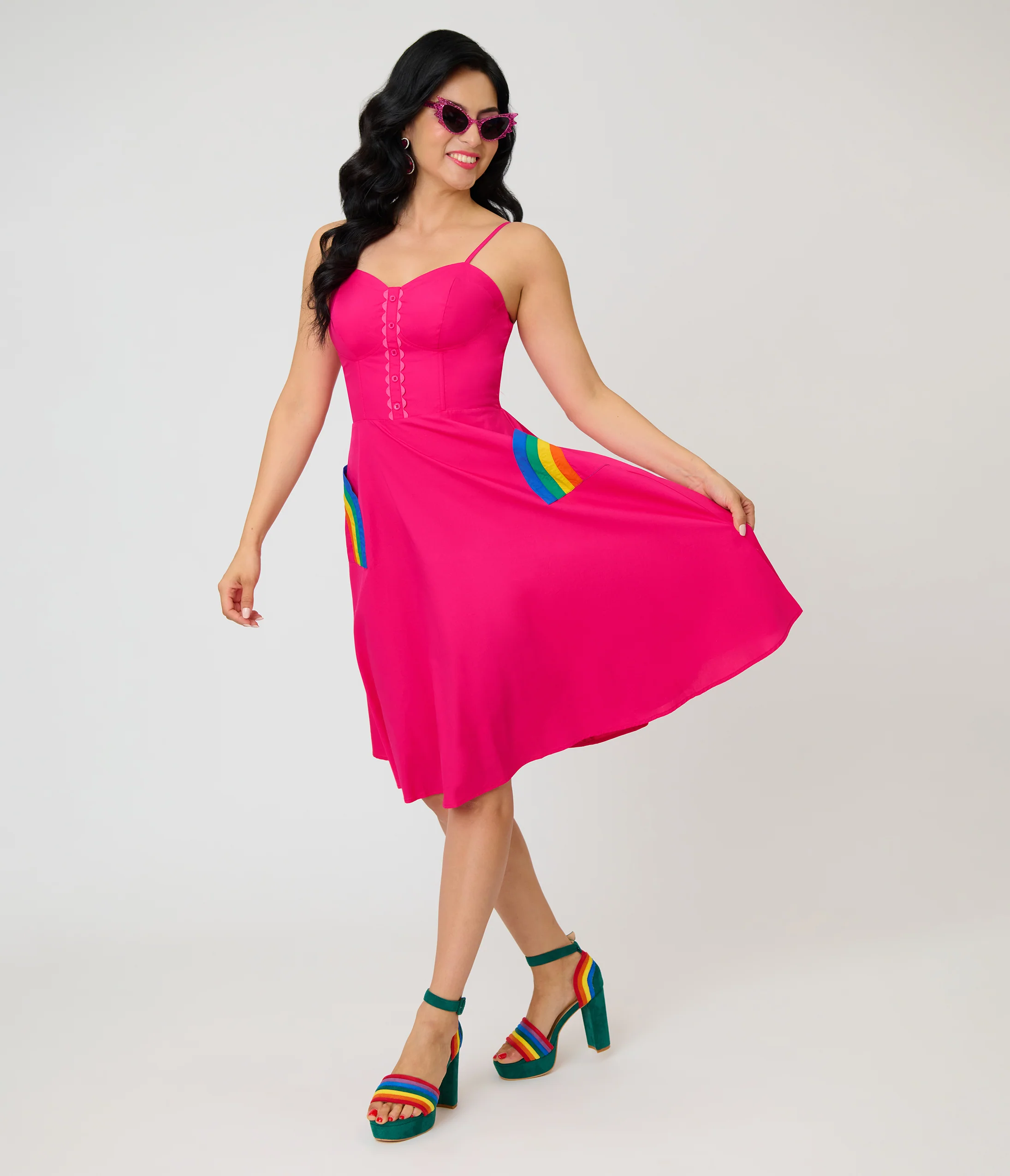 Unique Vintage Hot Pink & Rainbow Pockets Sweetheart Swing Dress - Image 3