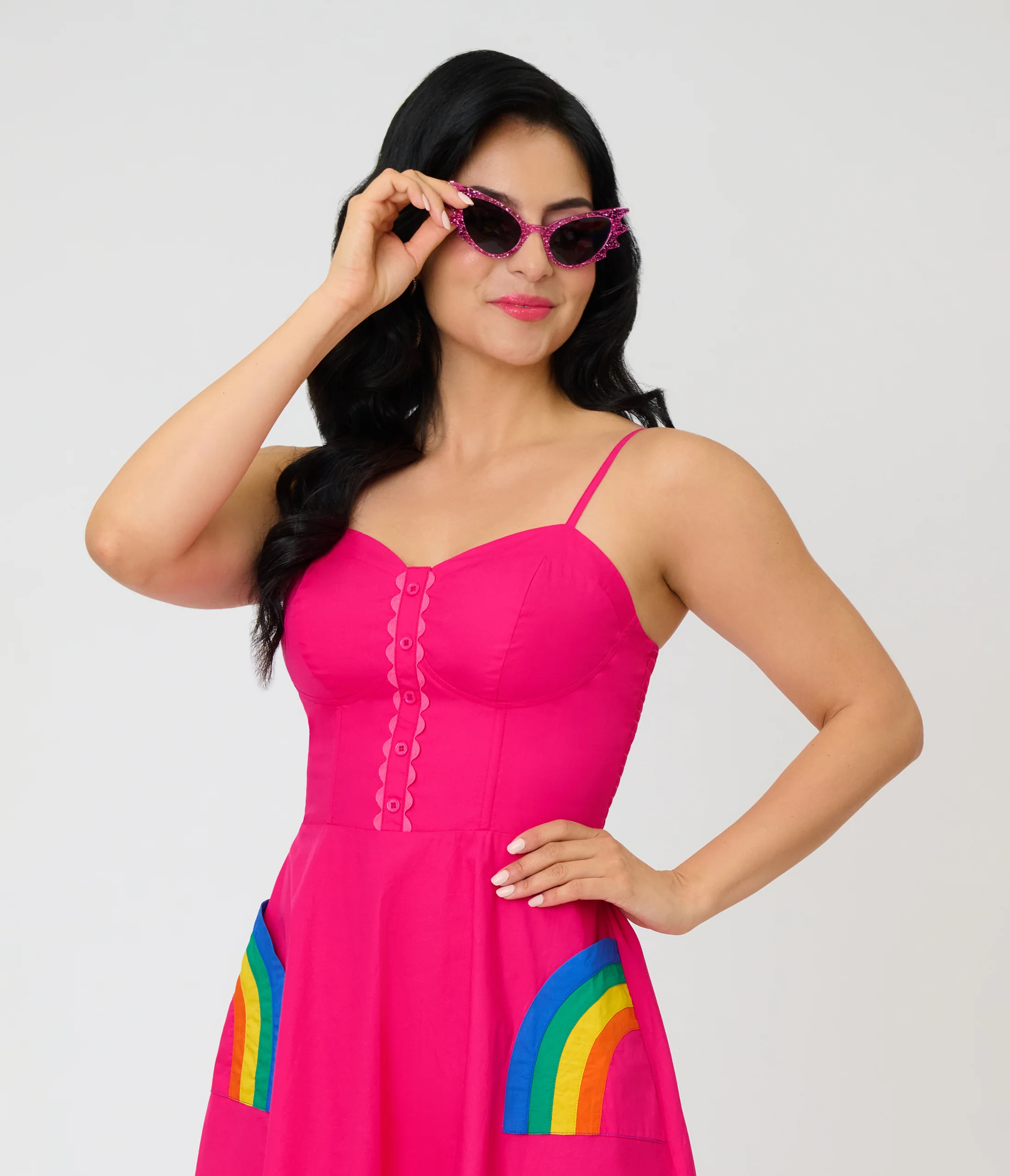 Unique Vintage Hot Pink & Rainbow Pockets Sweetheart Swing Dress - Image 5