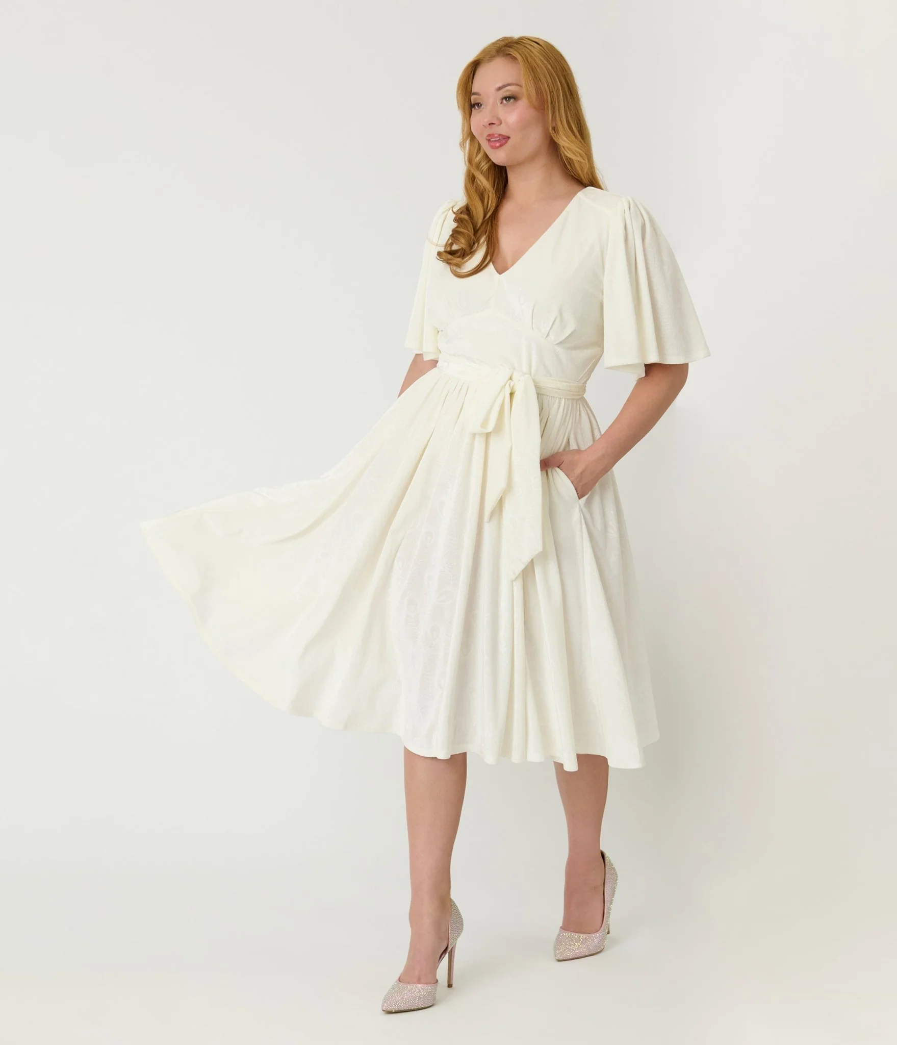 Unique Vintage Ivory Peacock Embossed Velvet Flutter Sleeve Lenora Swing Dress