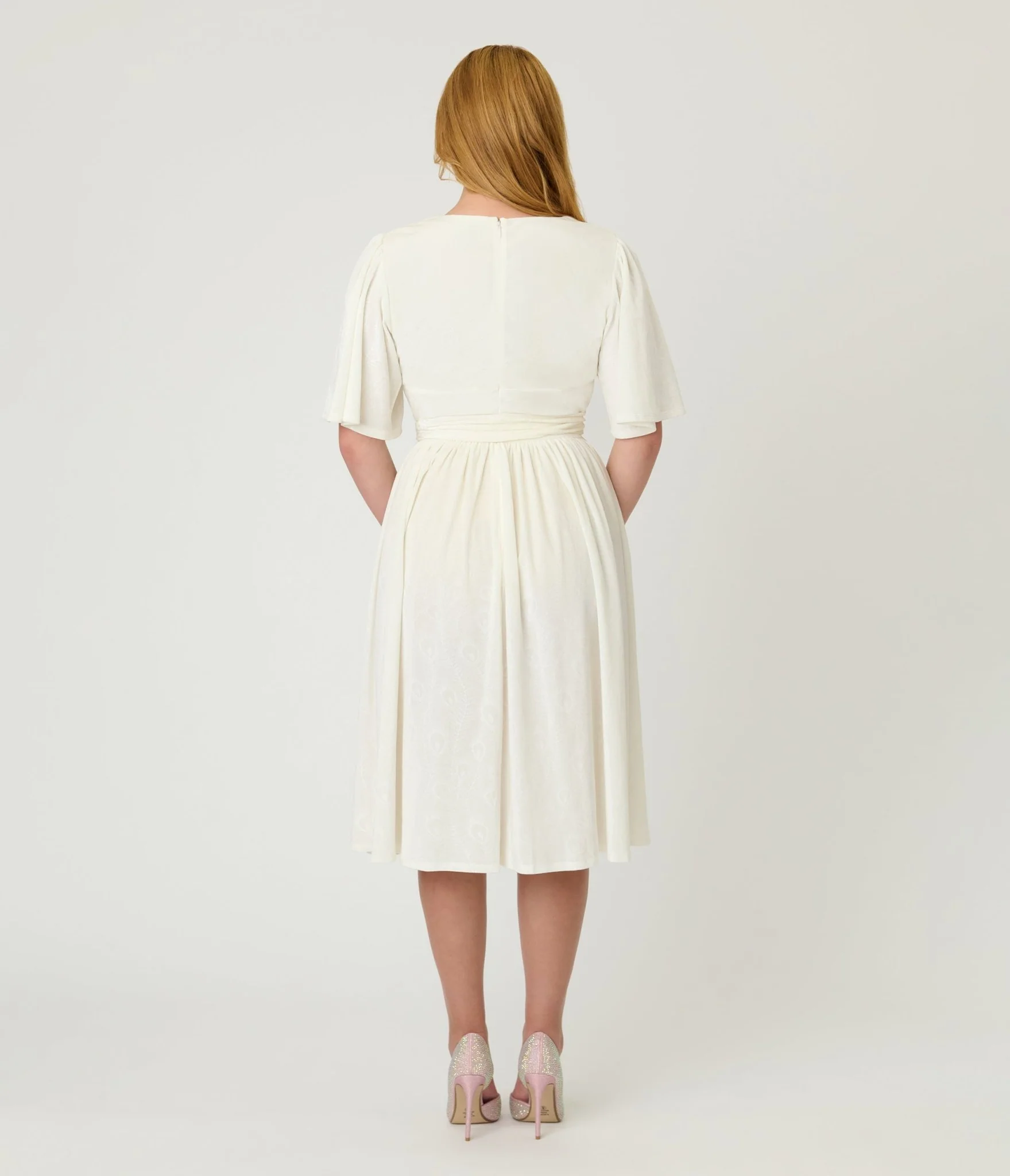 Unique Vintage Ivory Peacock Embossed Velvet Flutter Sleeve Lenora Swing Dress - Image 2