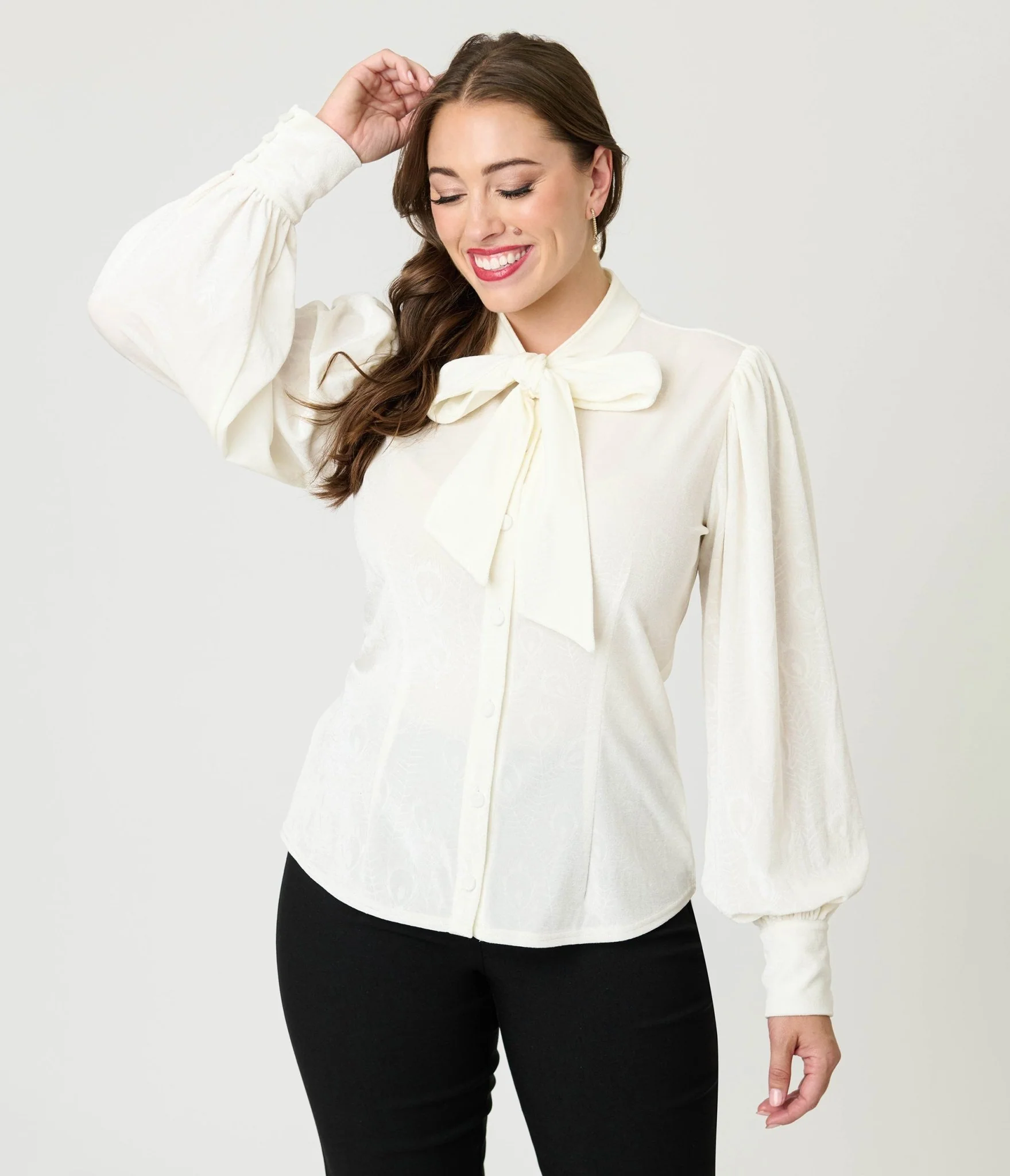 Unique Vintage Ivory Peacock Feather Embossed Gwen Blouse - Image 3