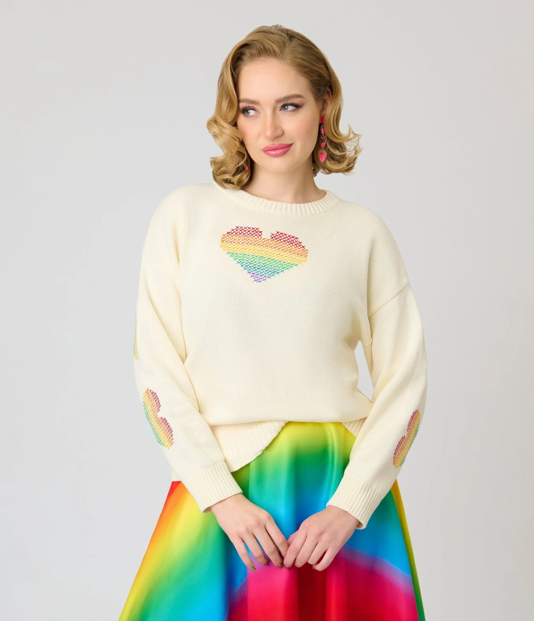 Unique Vintage Ivory & Rainbow Heart Cross Stitch Sweater