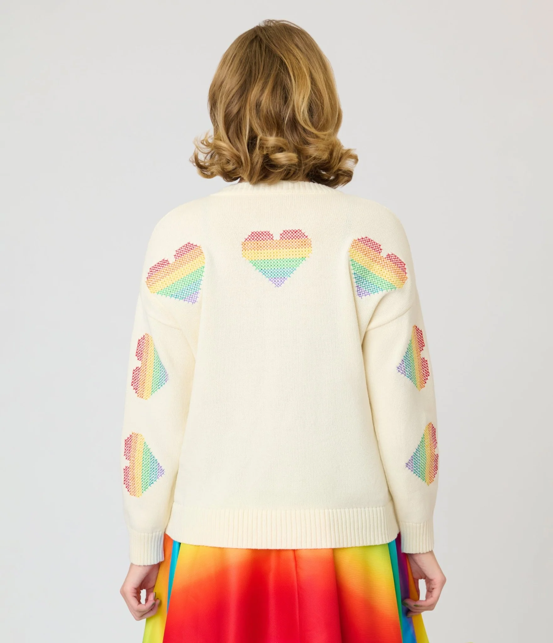 Unique Vintage Ivory & Rainbow Heart Cross Stitch Sweater - Image 2