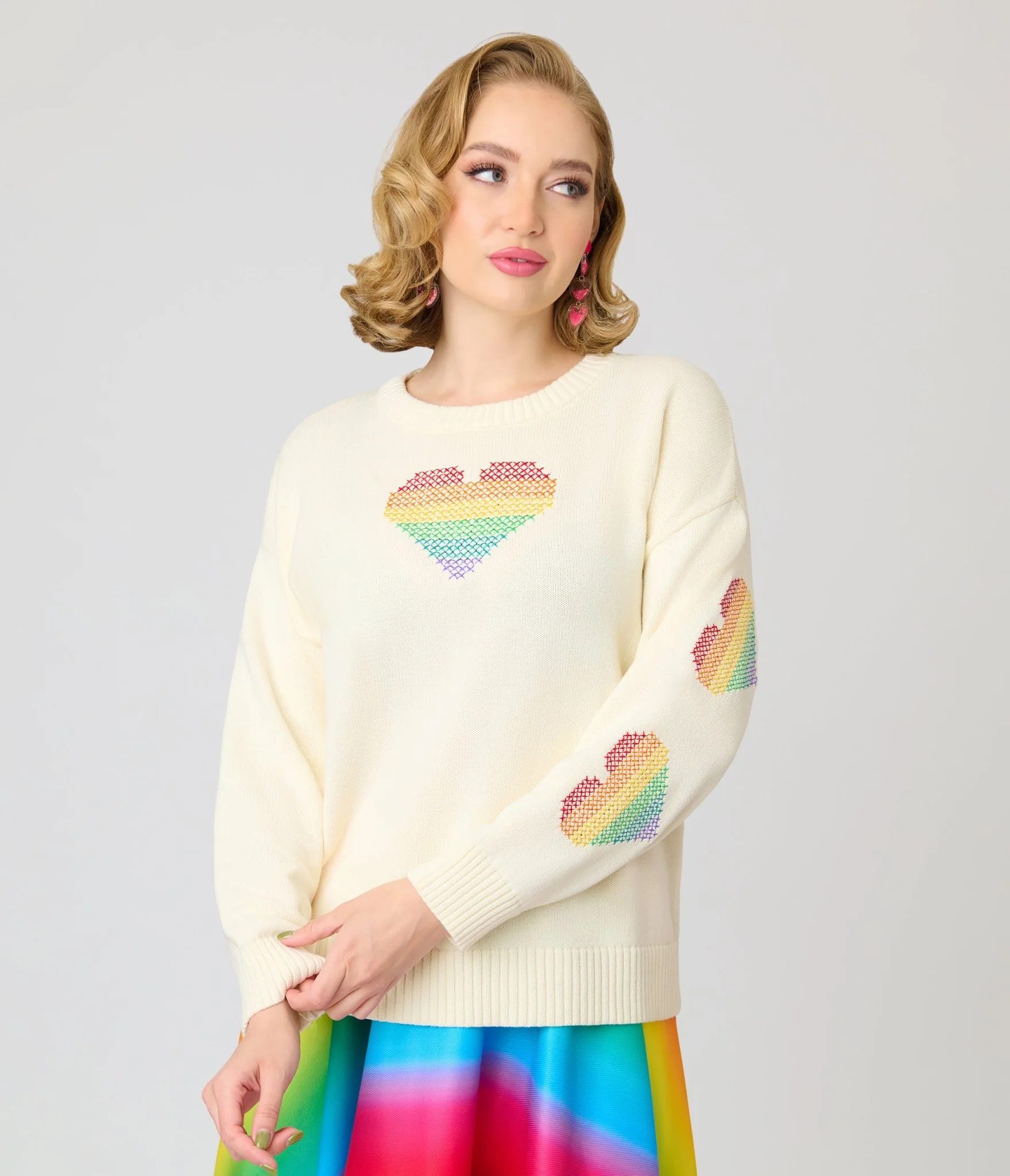 Unique Vintage Ivory & Rainbow Heart Cross Stitch Sweater - Image 3