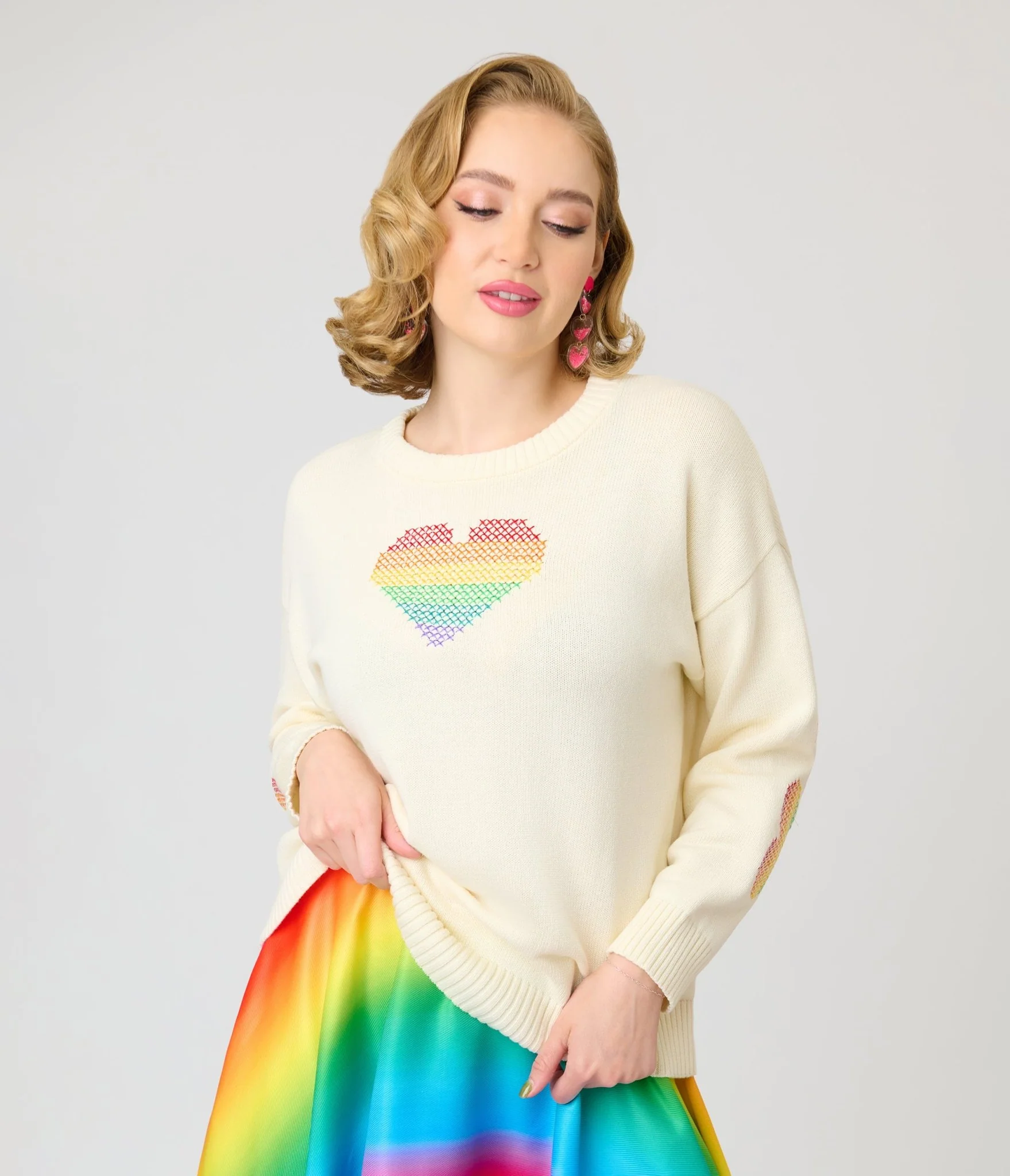 Unique Vintage Ivory & Rainbow Heart Cross Stitch Sweater - Image 4