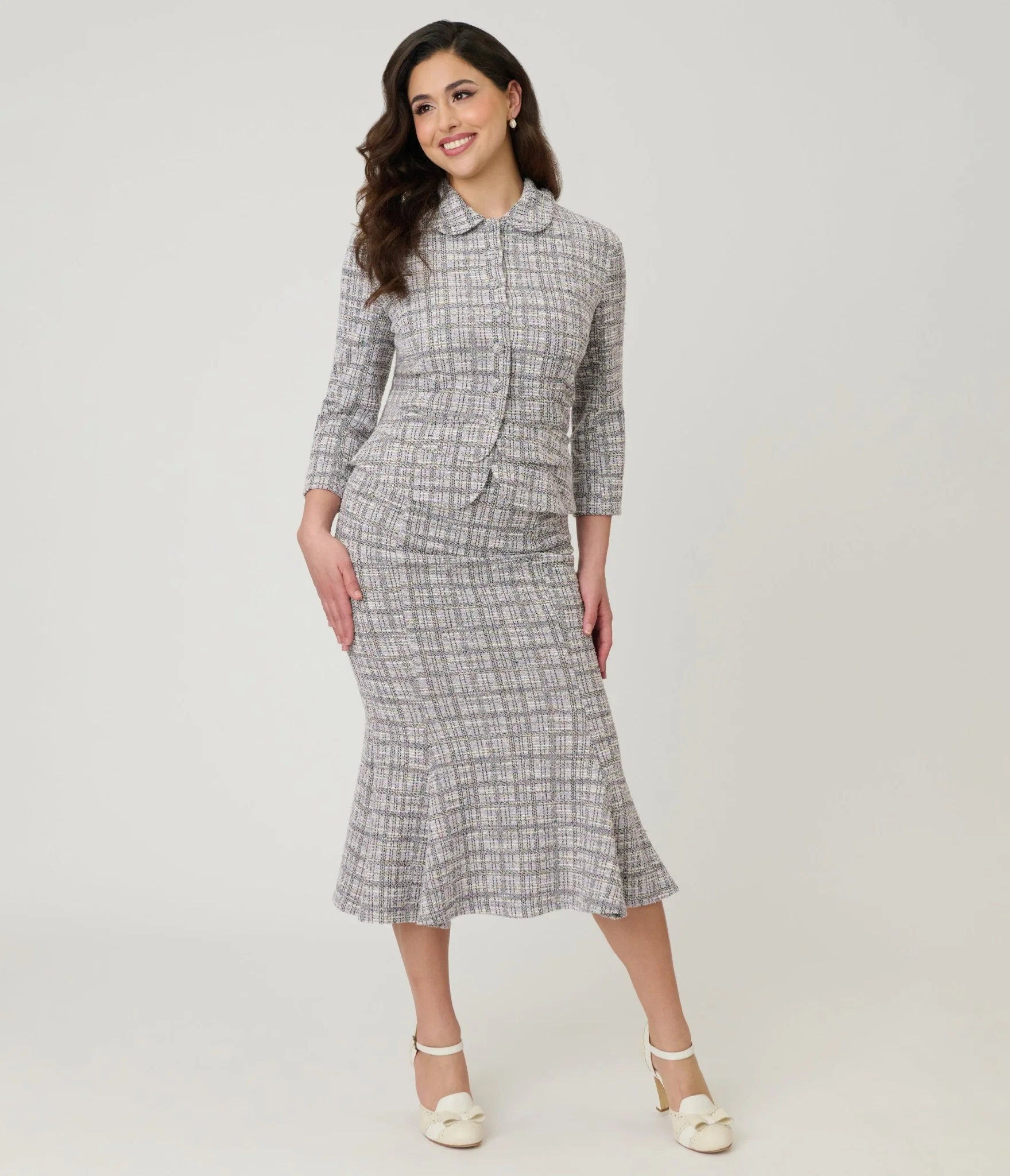 Unique Vintage Lavender Plaid Boucle Trumpet Skirt