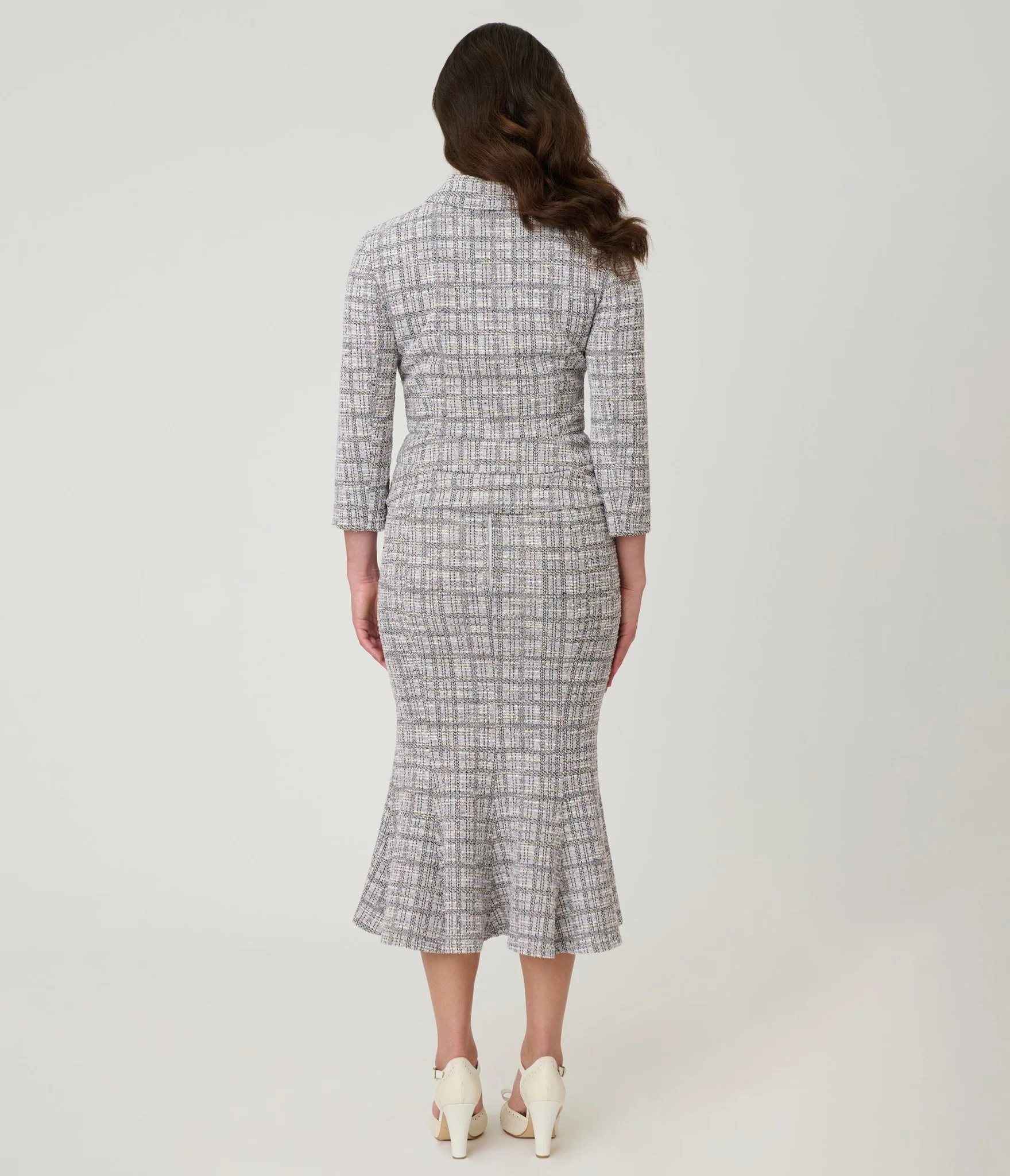 Unique Vintage Lavender Plaid Boucle Trumpet Skirt - Image 3